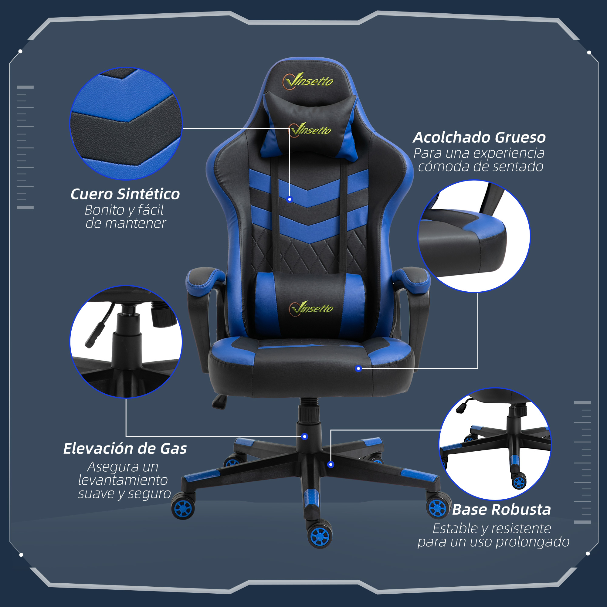 Silla gamer negra y azul con detalles de cuero sintético, acolchado grueso, elevación de gas y base robusta.