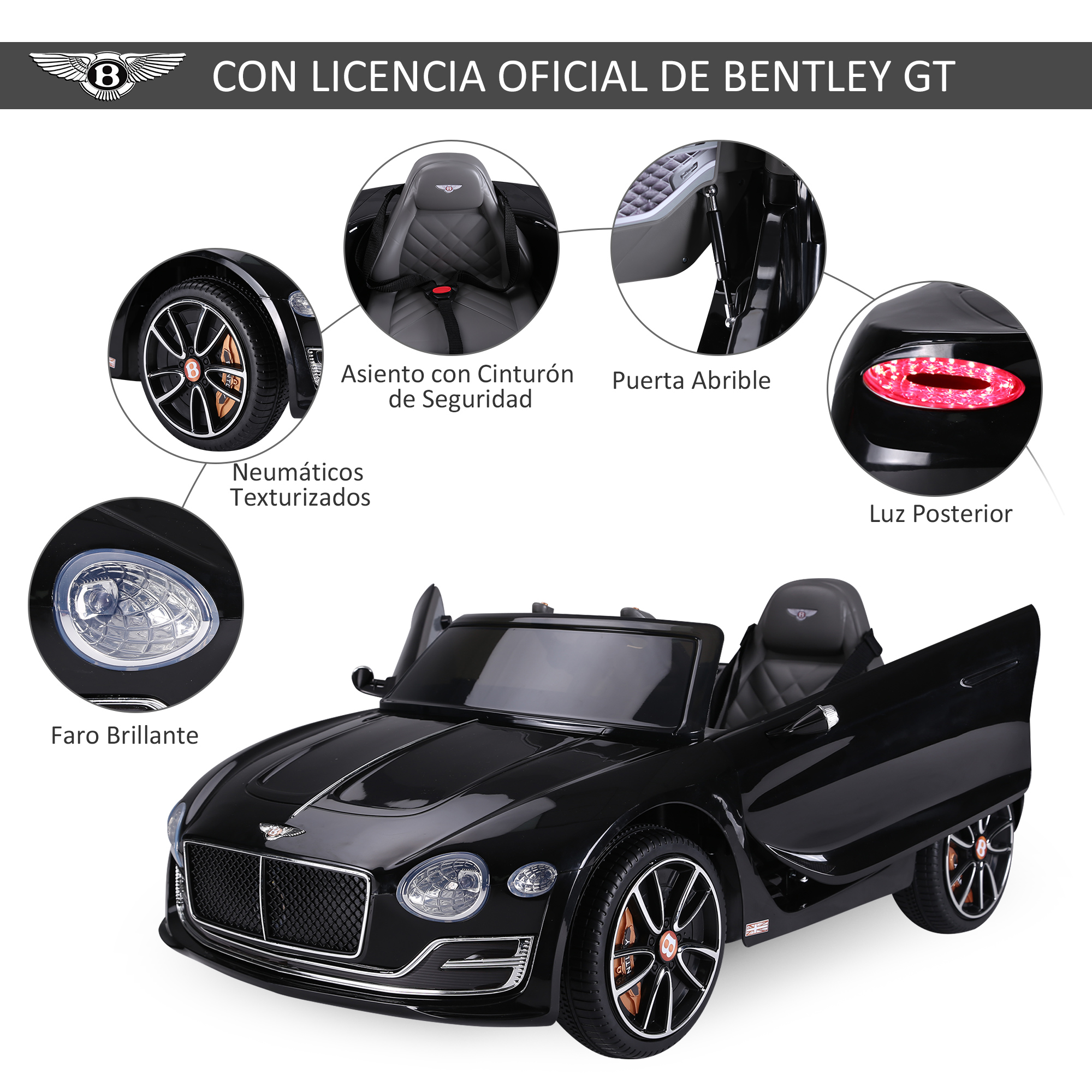 Coche de juguete negro con puertas abiertas, detalles de piezas, texto, licencia oficial Bentley GT.