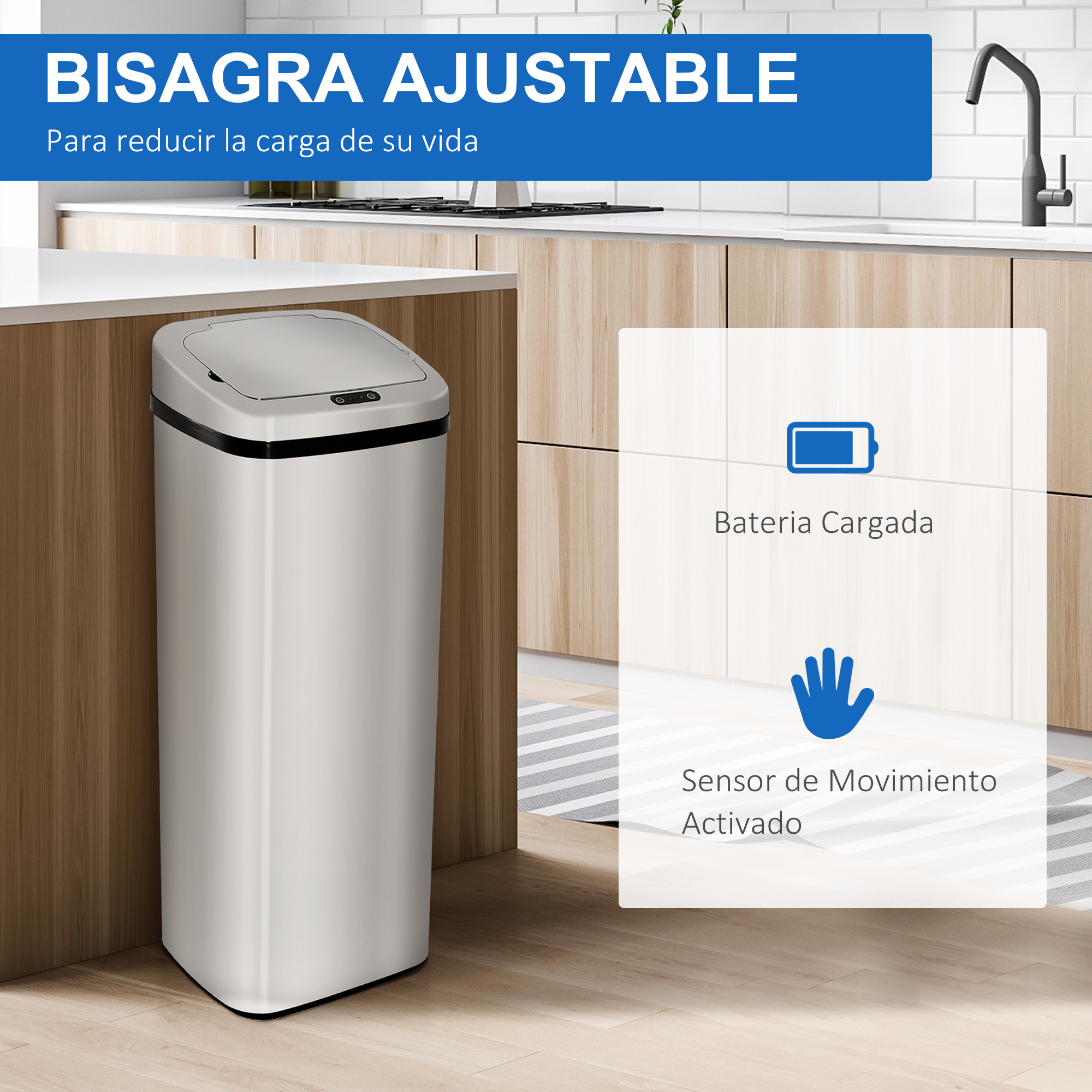 Bote de basura plateado en una cocina. El texto dice 'Bisagra ajustable'.