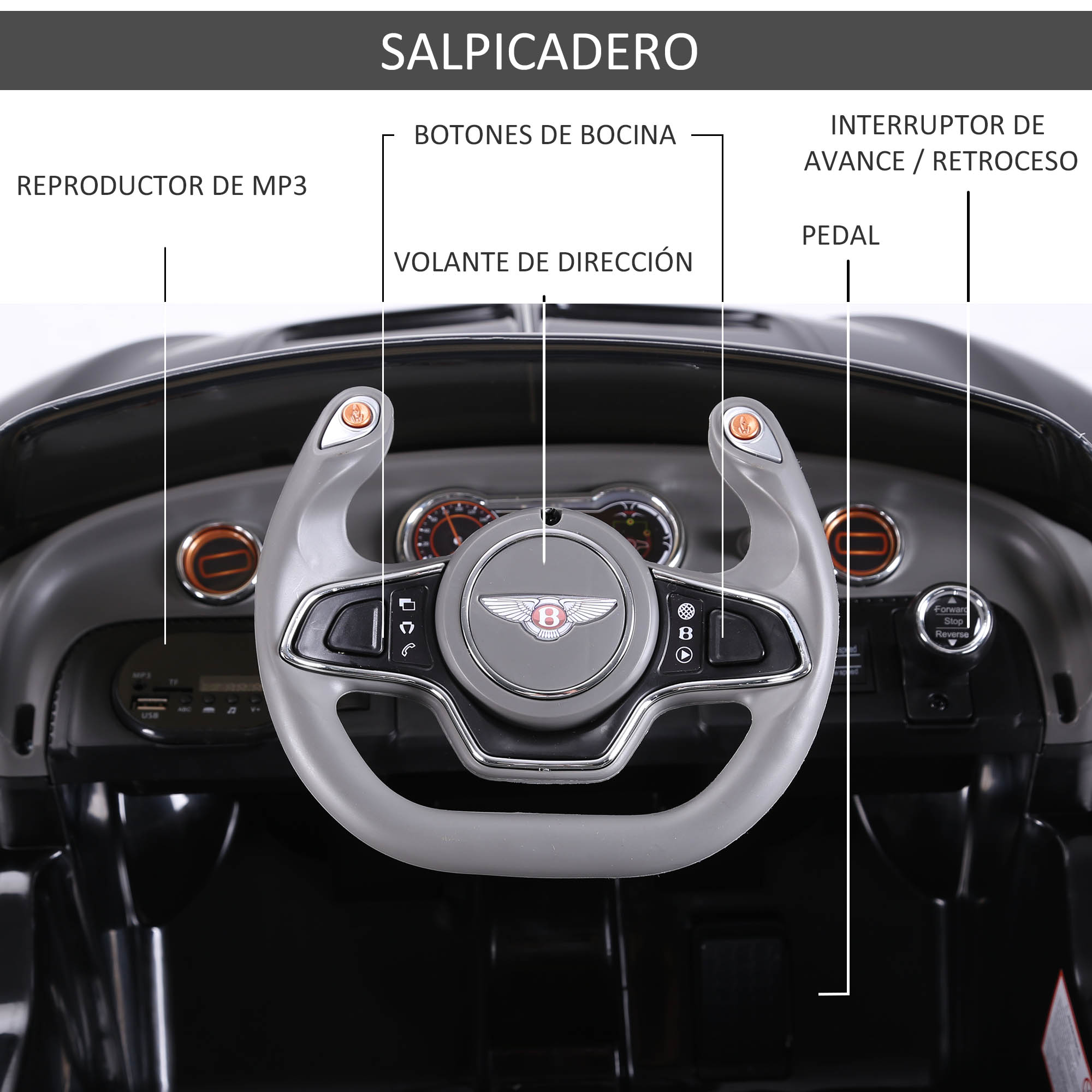 Panel de control de un coche de juguete. Incluye volante, botones y un salpicadero con indicadores.