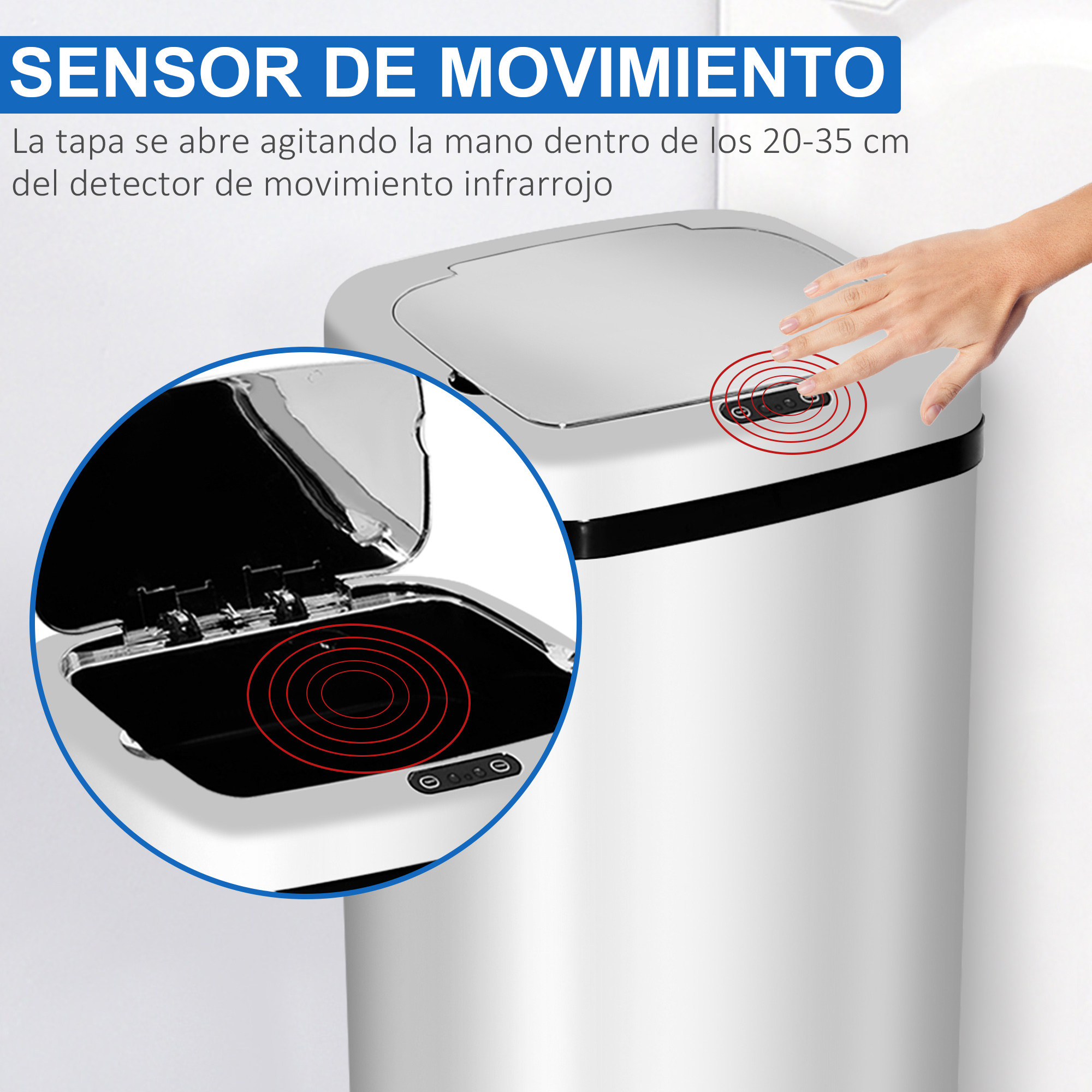 Contenedor de basura blanco con tapa plateada. Una mano se acerca para activar el sensor de movimiento.