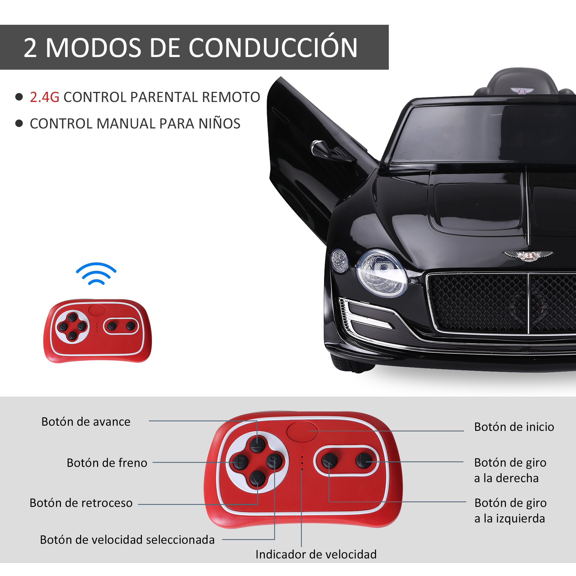 Coche de juguete negro con puerta abierta y mando a distancia con botones para avanzar, frenar, retroceder y girar.