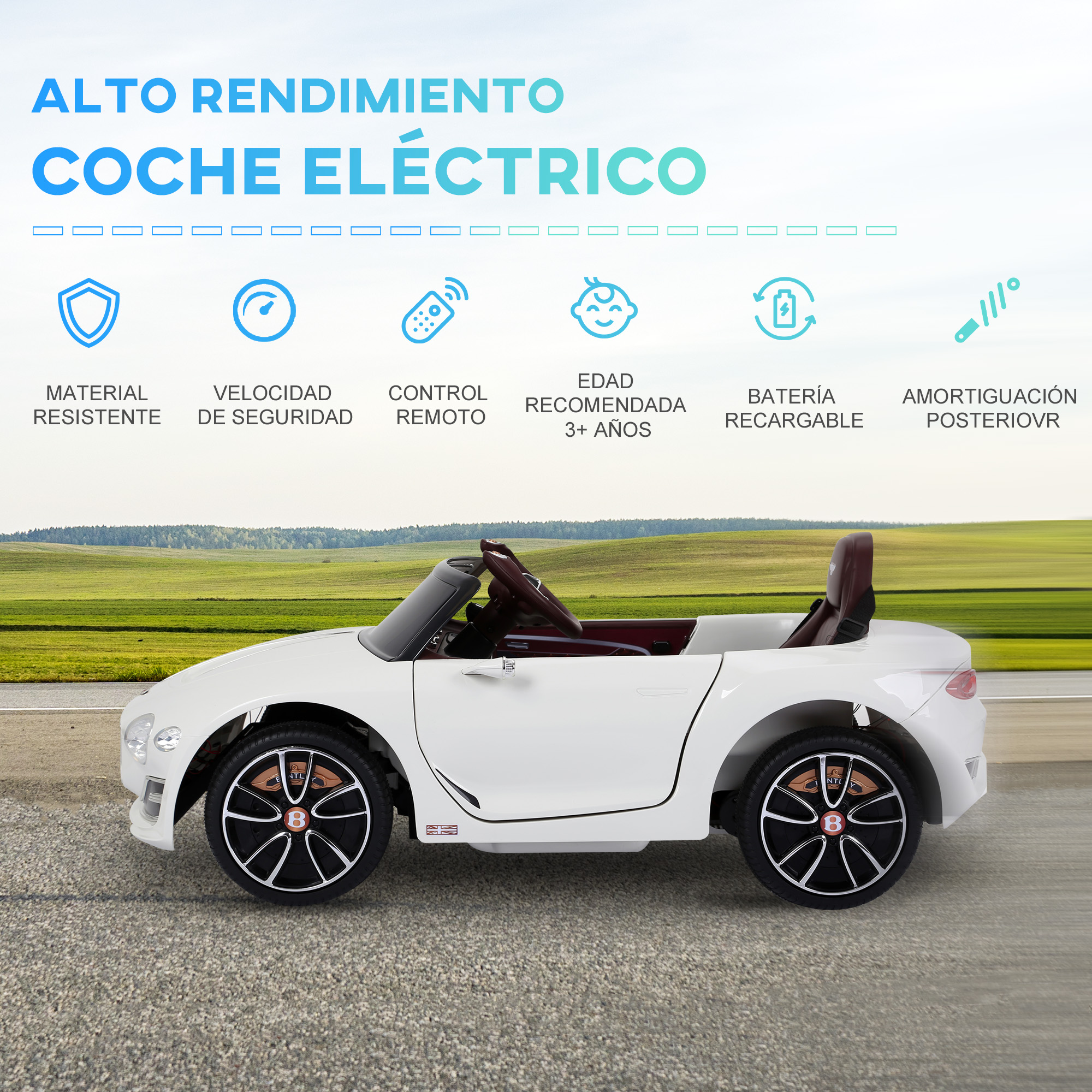 Coche de juguete blanco con interior rojo, rodeado de iconos y texto.