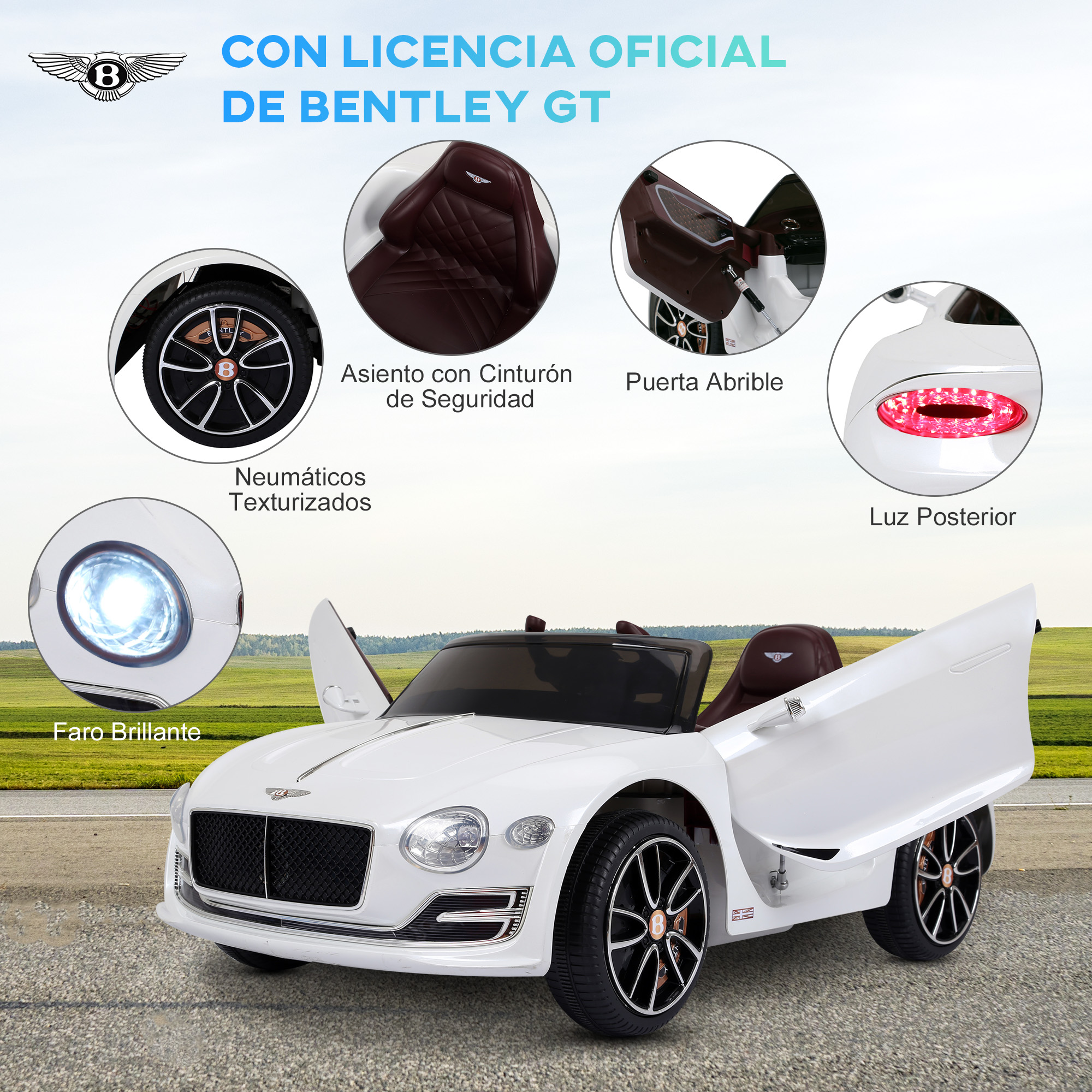 Coche Bentley GT de juguete blanco con puertas abiertas. Detalles: ruedas, asientos, luces. Exterior blanco y negro.