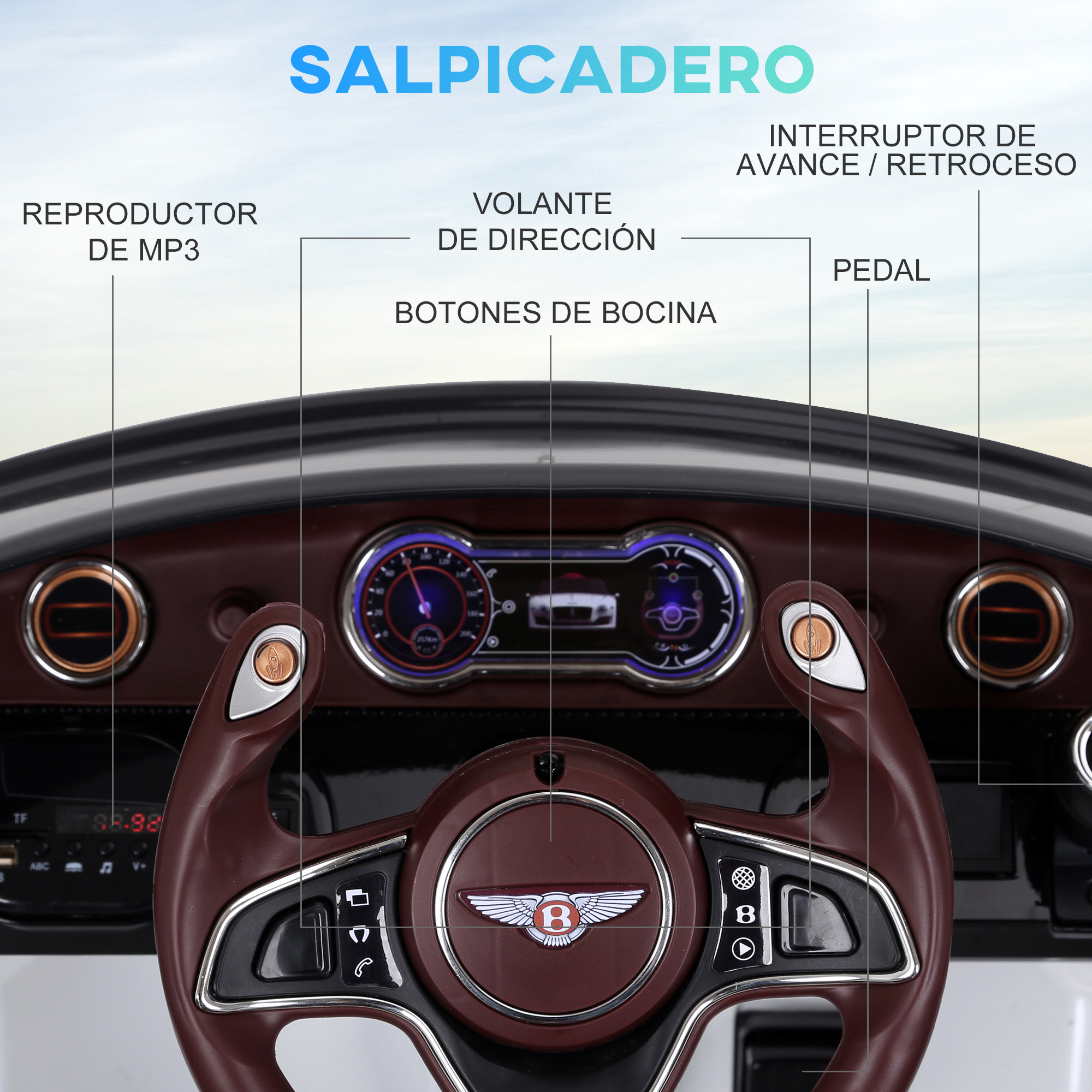 Primer plano del salpicadero del coche con volante, botones y pantalla. Se ve el logo de Bentley.