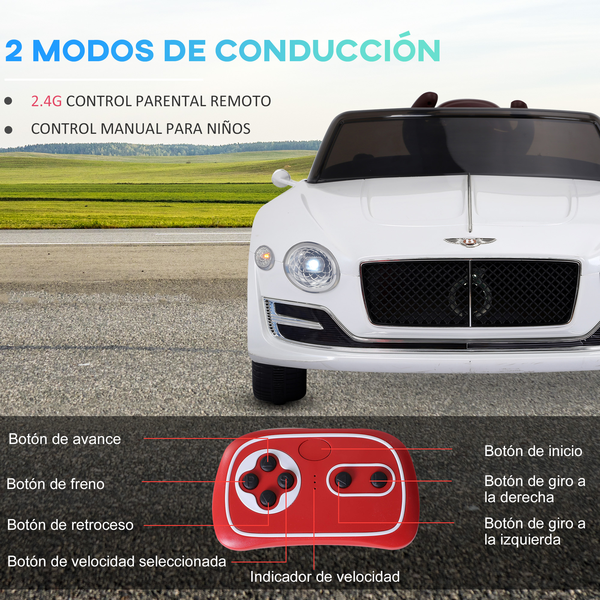 Coche de juguete blanco con control remoto rojo. Texto: '2 MODOS DE CONDUCCIÓN' con funciones de control remoto.