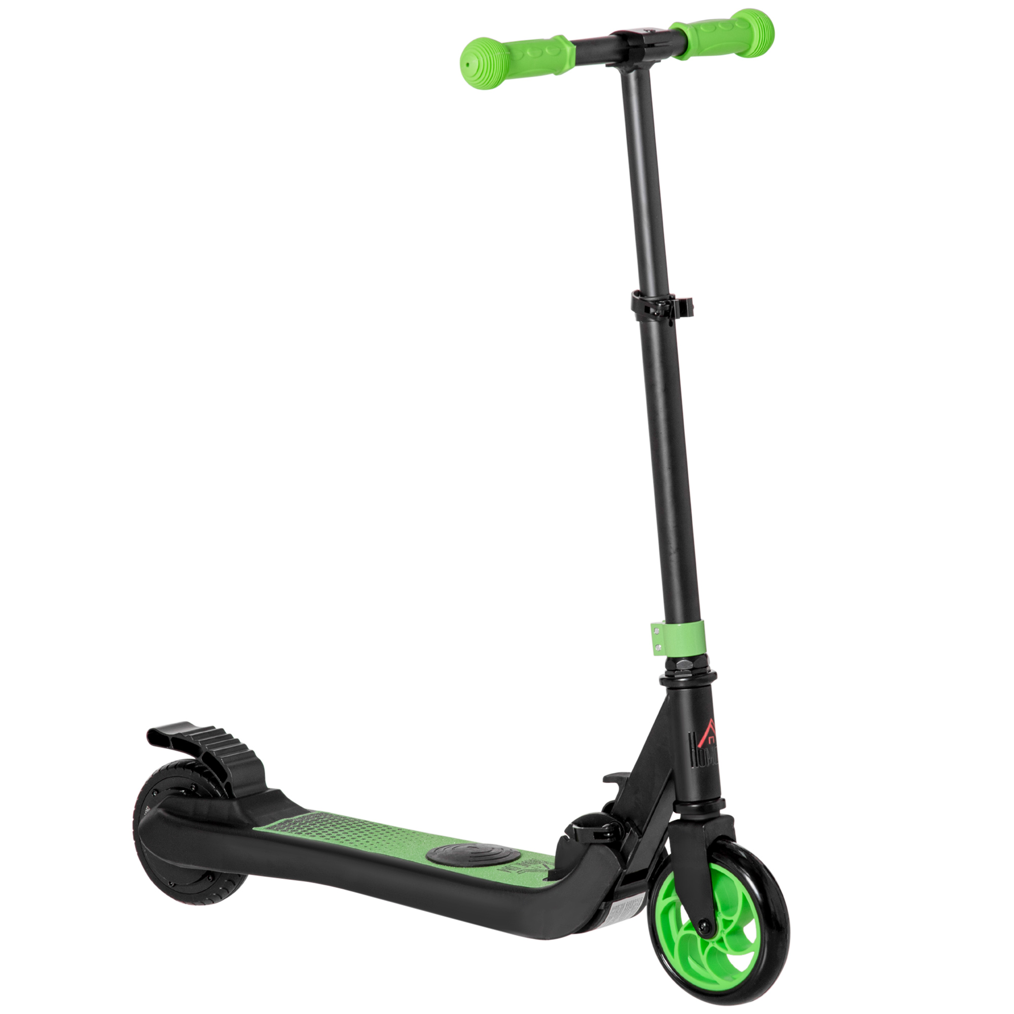 Scooter nero e verde su sfondo bianco, maniglie verdi.