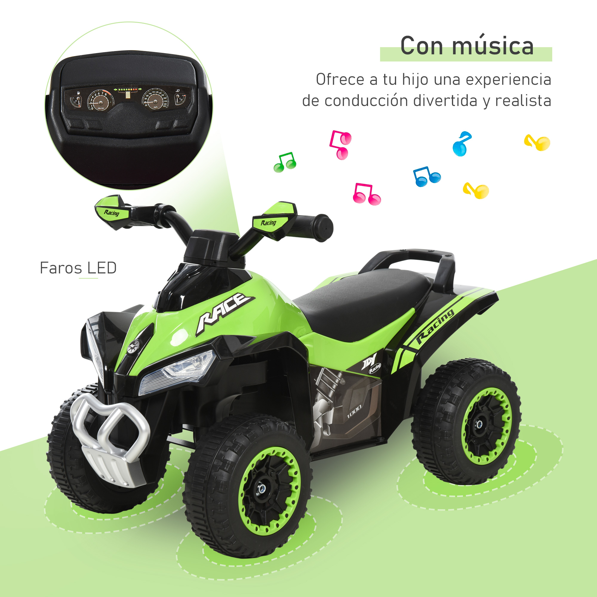 Un quad infantil verde con luces LED y notas musicales, sobre fondo verde claro.