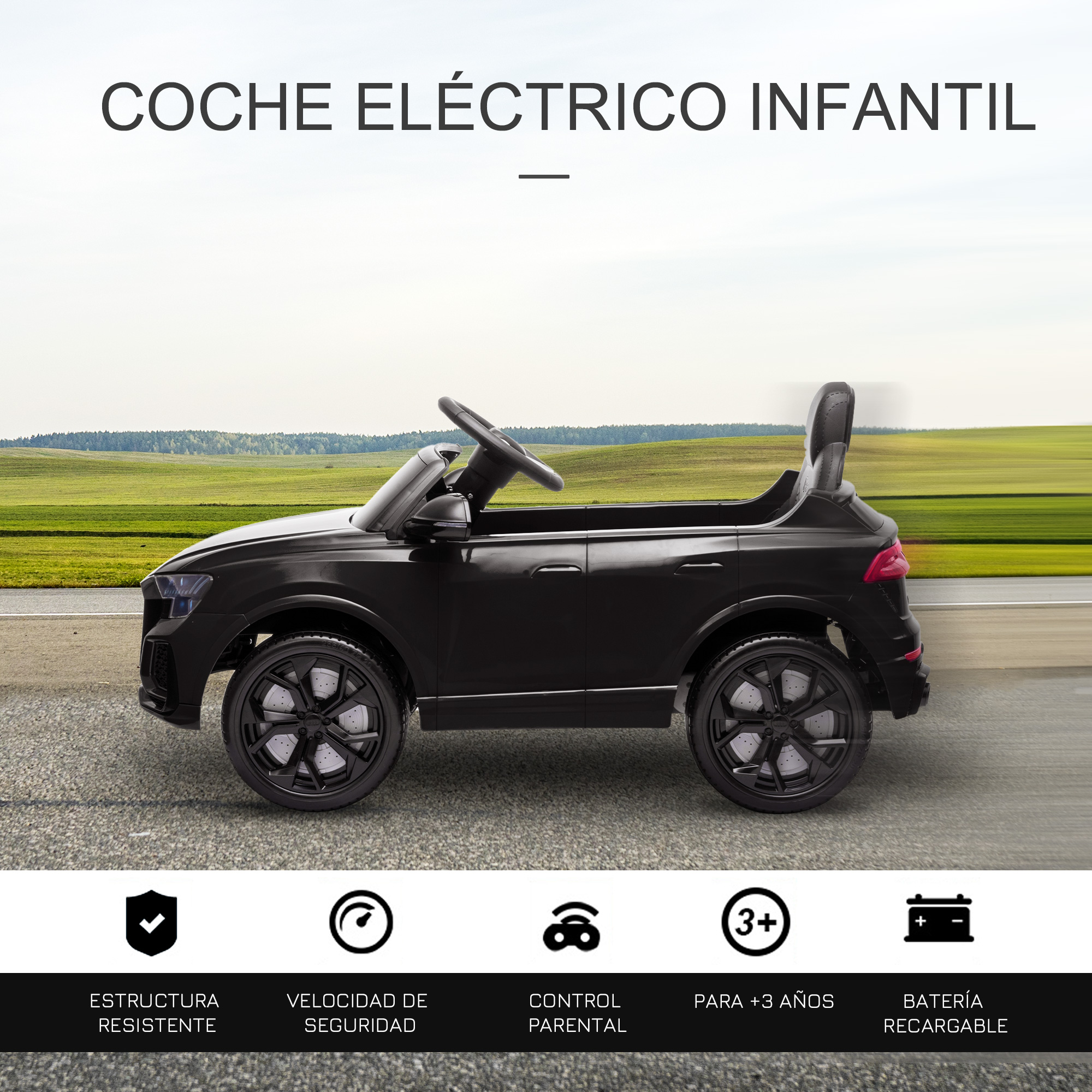Coche eléctrico de juguete negro con funciones de seguridad, control parental y adecuado para niños de 3+ años.