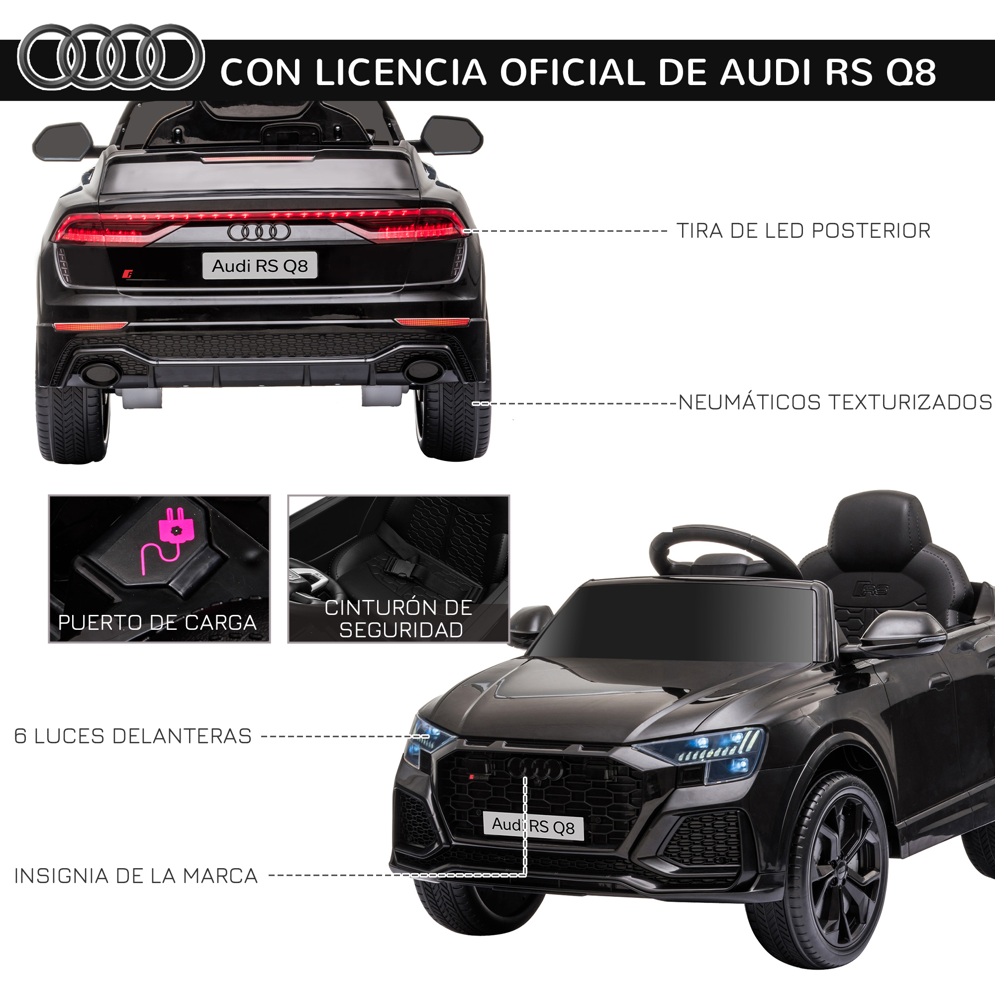 Coche de juguete negro Audi RS Q8 con detalles. Incluye luces traseras LED, neumáticos texturizados y cinturones de seguridad.