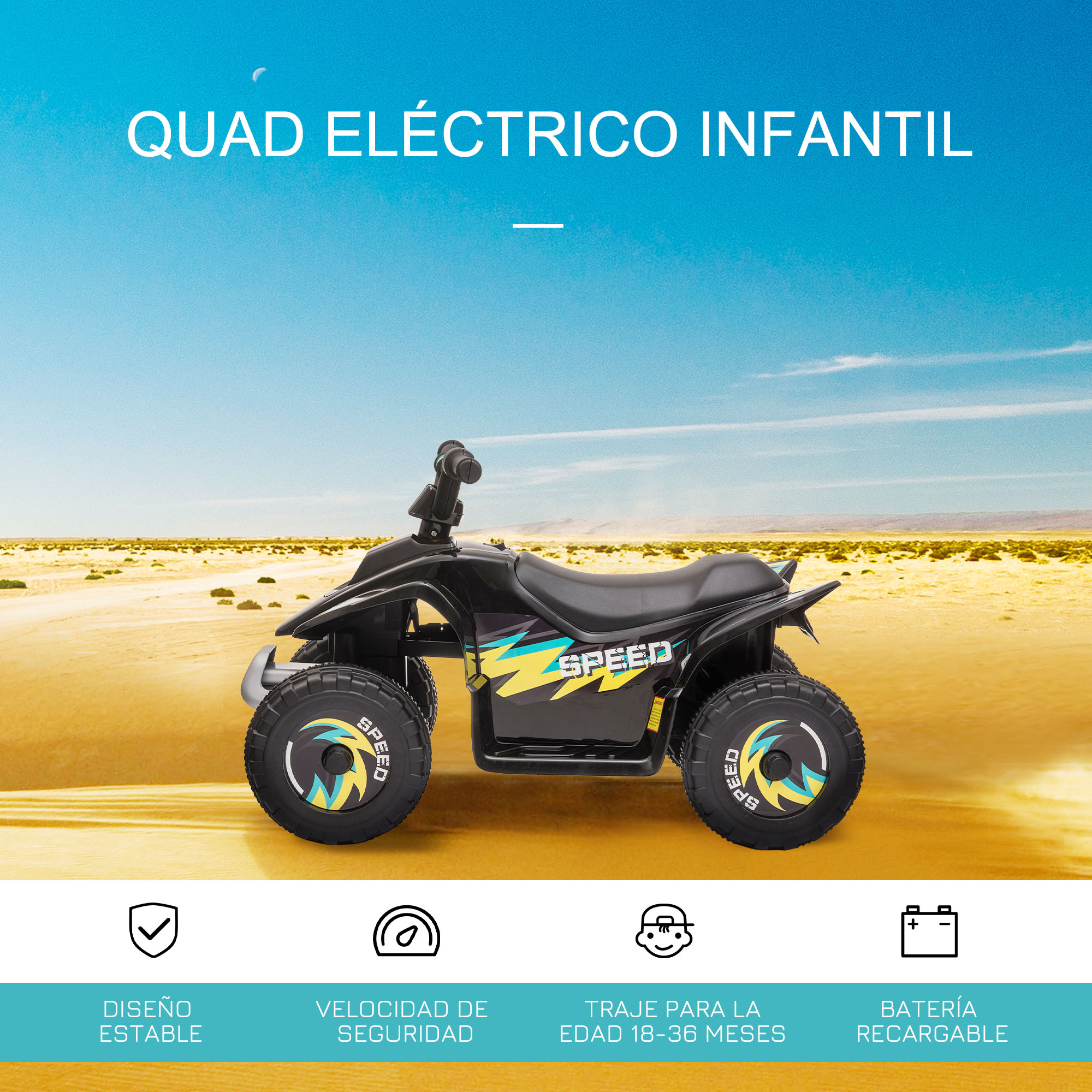 Quad infantil negro sobre arena, con características enumeradas.