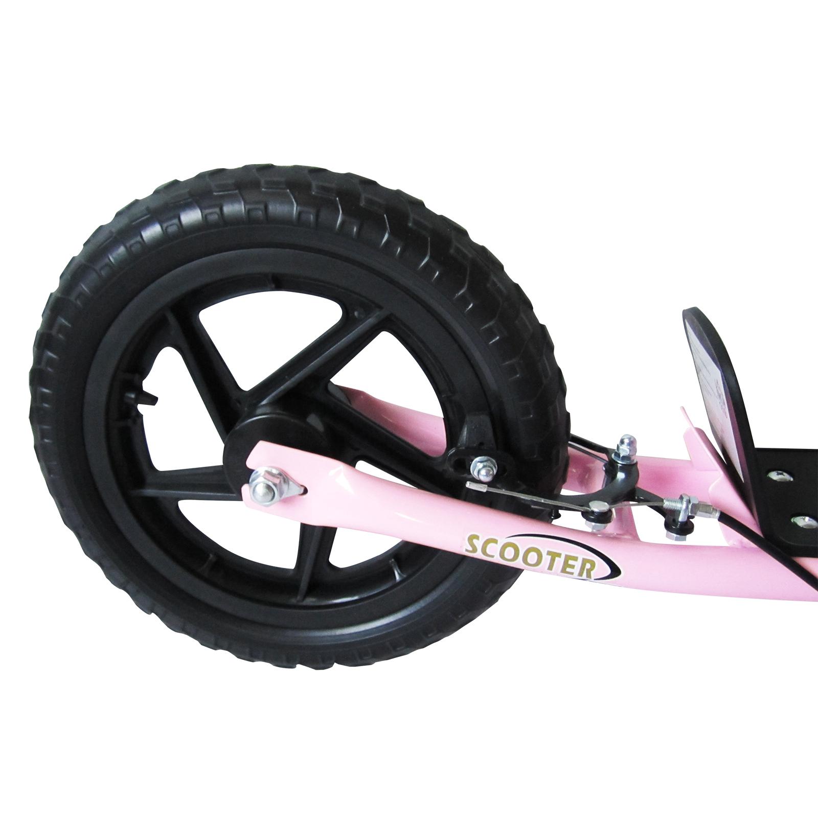 Primer plano de la rueda y el neumático de un patinete rosa. Se ven los detalles de la rueda y el marco del patinete.