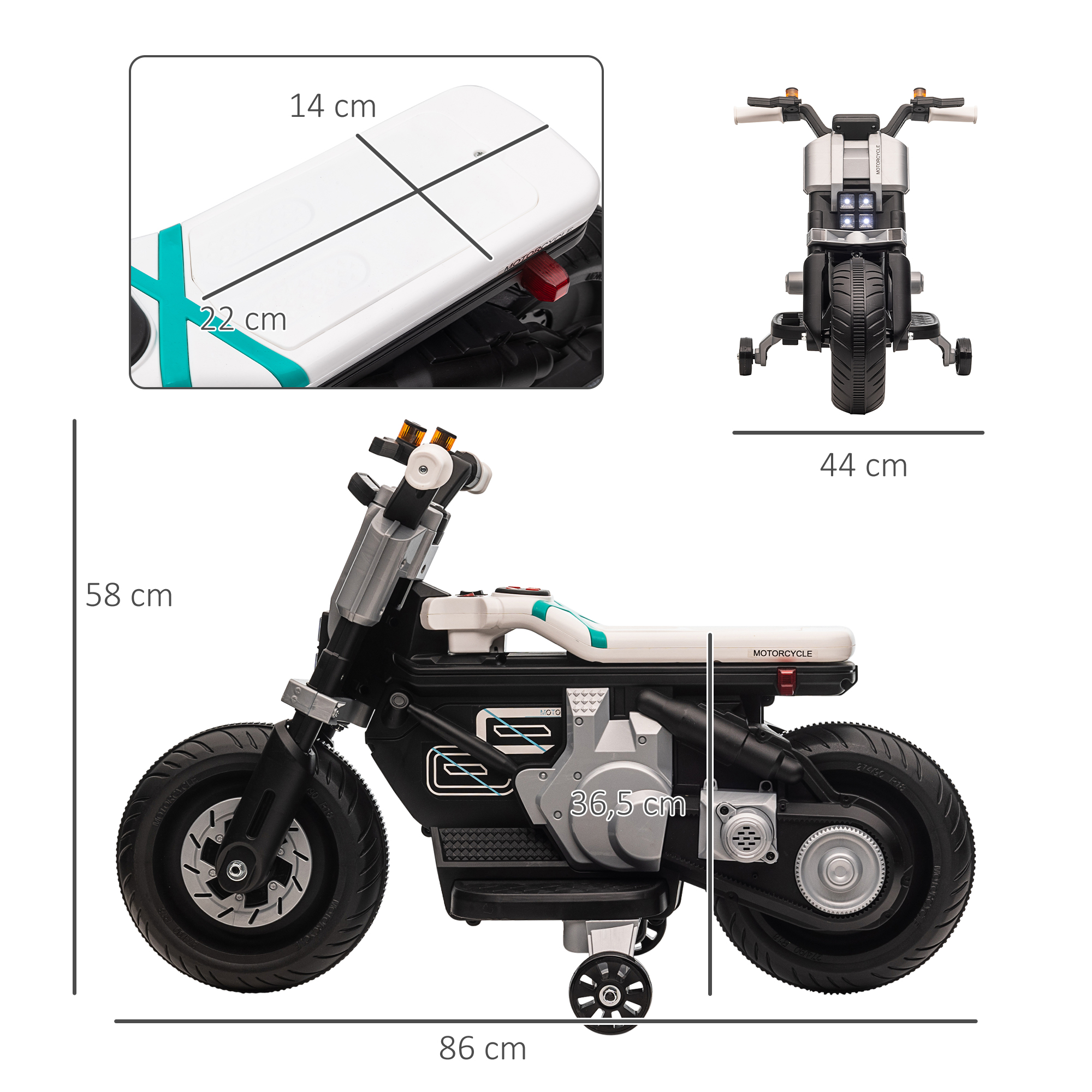 Una moto de juguete blanca y negra con medidas. La moto tiene dimensiones etiquetadas.