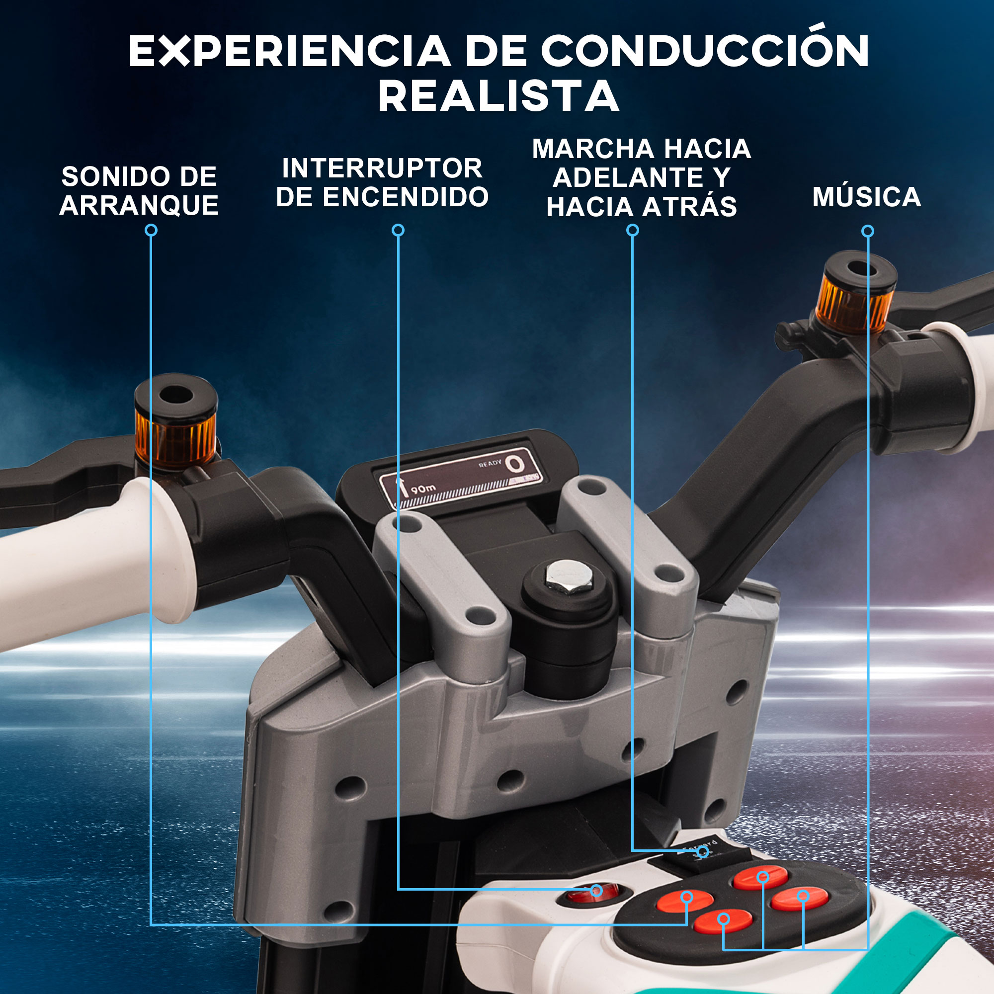Panel de control de coche de juguete con sonido de arranque, interruptor, adelante/atrás y botones de música.