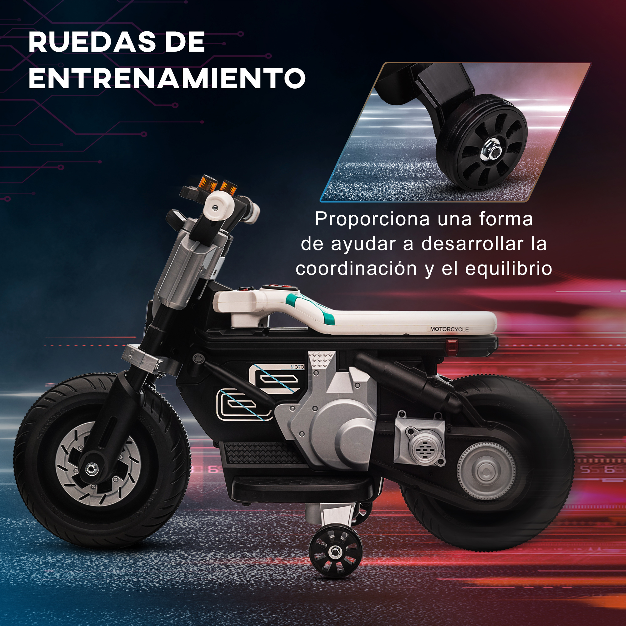 Motocicleta de juguete en blanco y negro con ruedas de entrenamiento, en fondo gradiente.