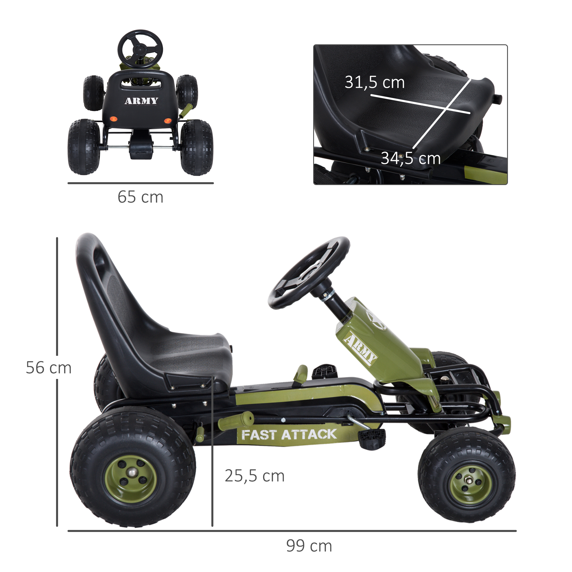 Go-kart de pedales verde militar con asiento y ruedas negras. Se muestran las dimensiones.