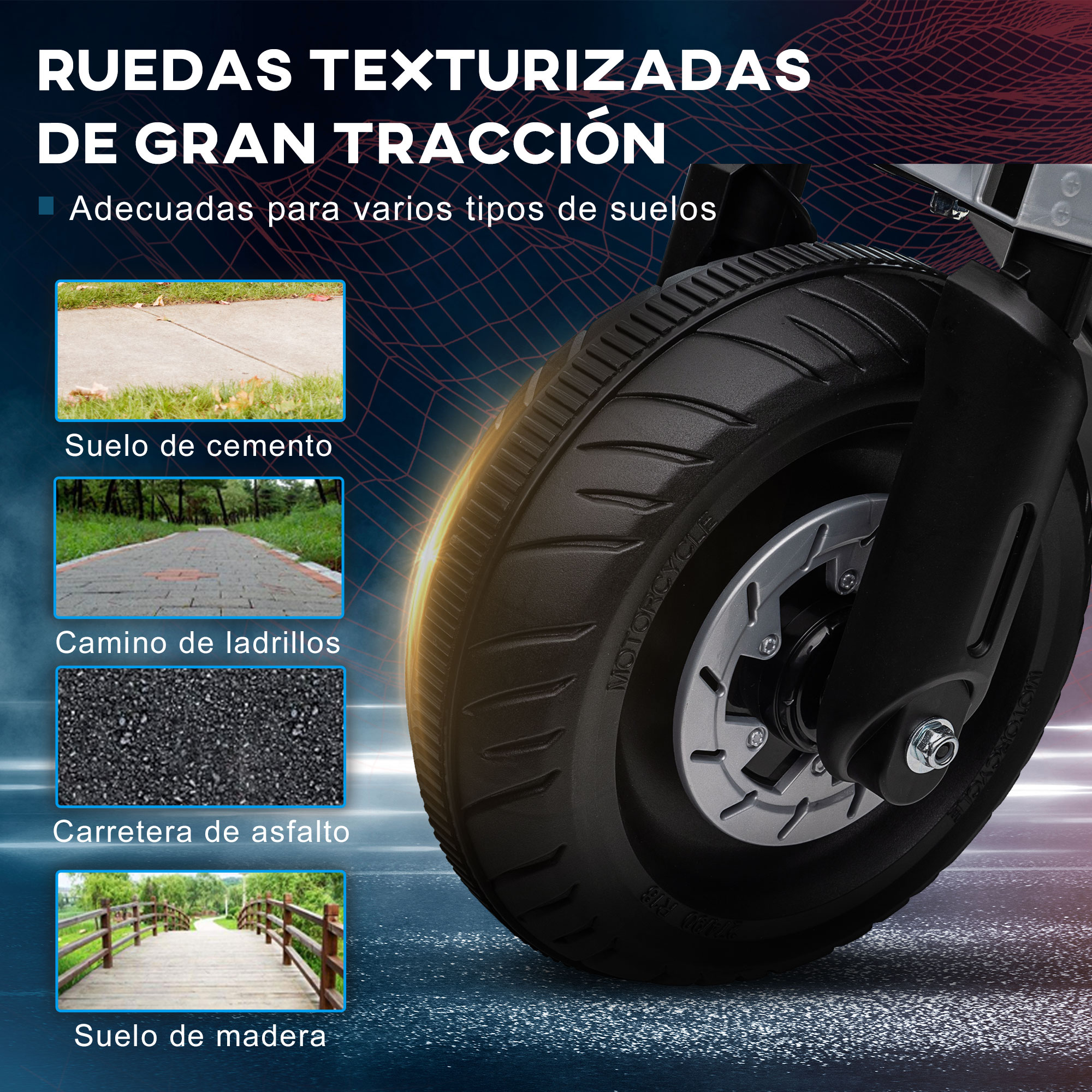 Primer plano de un neumático de motocicleta con banda de rodadura texturizada. Imágenes muestran superficies viales.