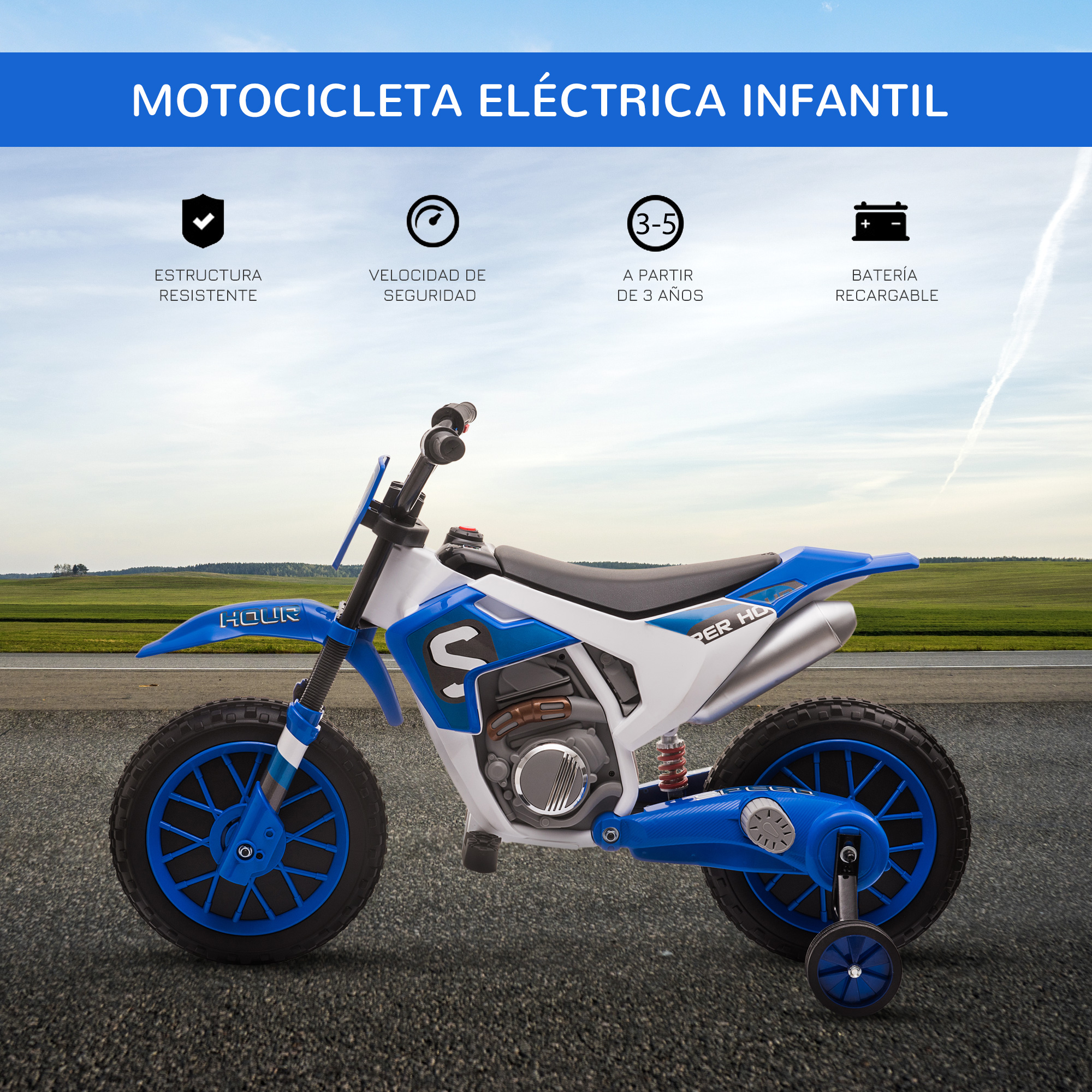 Motocicleta de juguete azul y blanca con ruedas de entrenamiento. Tiene la palabra HOUR. Está en una carretera.