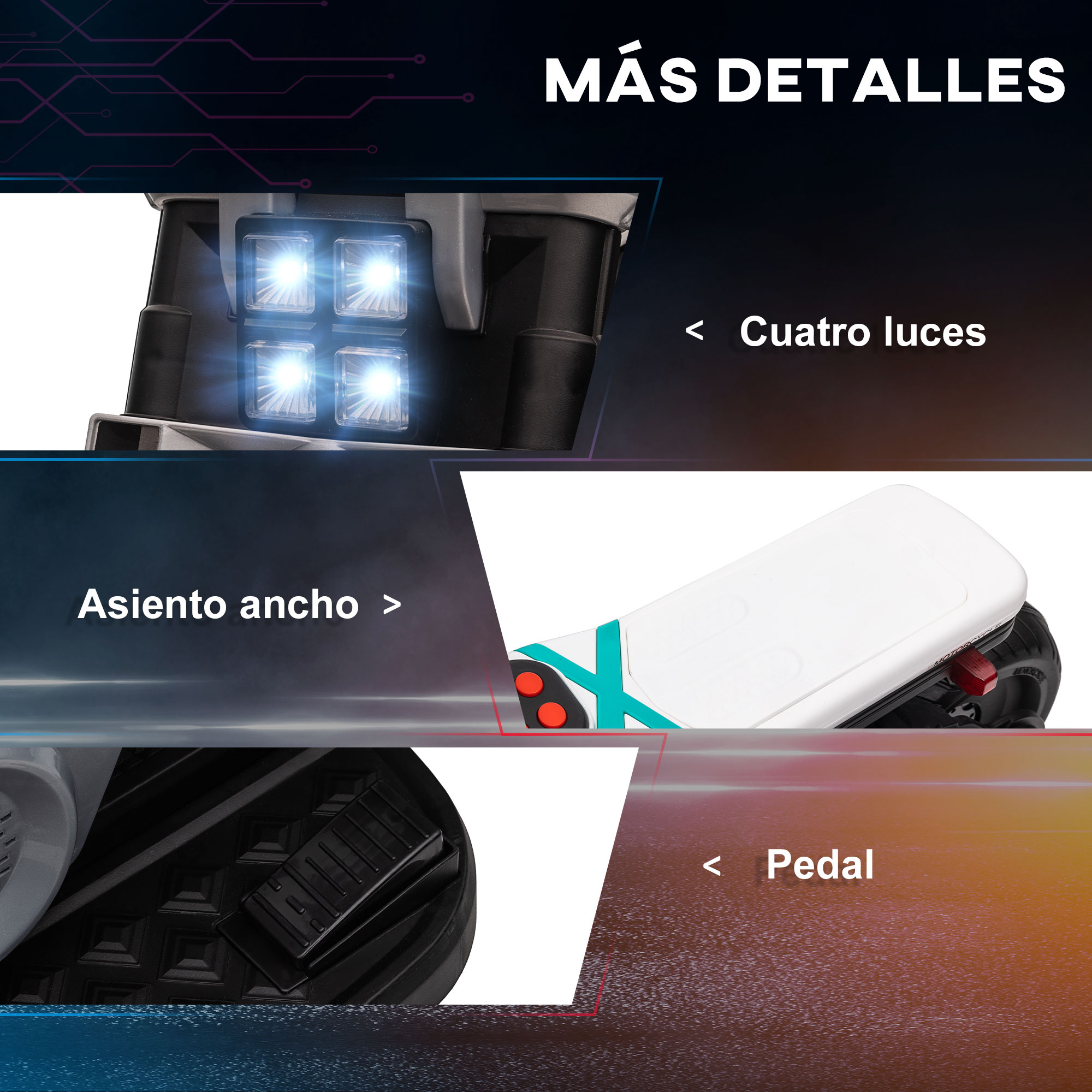 Primer plano de un coche de juguete con luces, asiento ancho y pedal. También hay texto en español.
