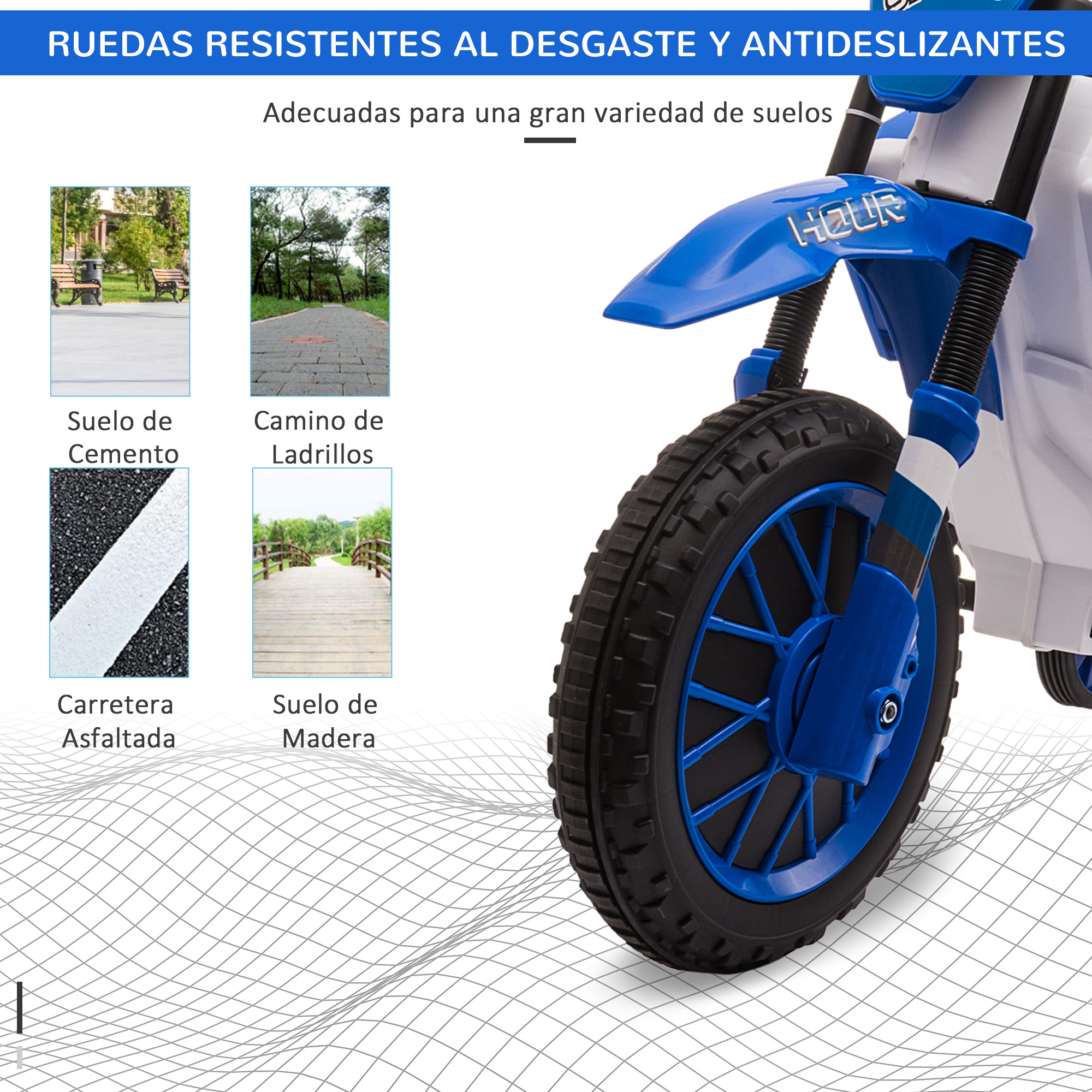 Primer plano de una llanta de moto de juguete azul y blanca. Muestra varias superficies: asfalto, ladrillo y madera.