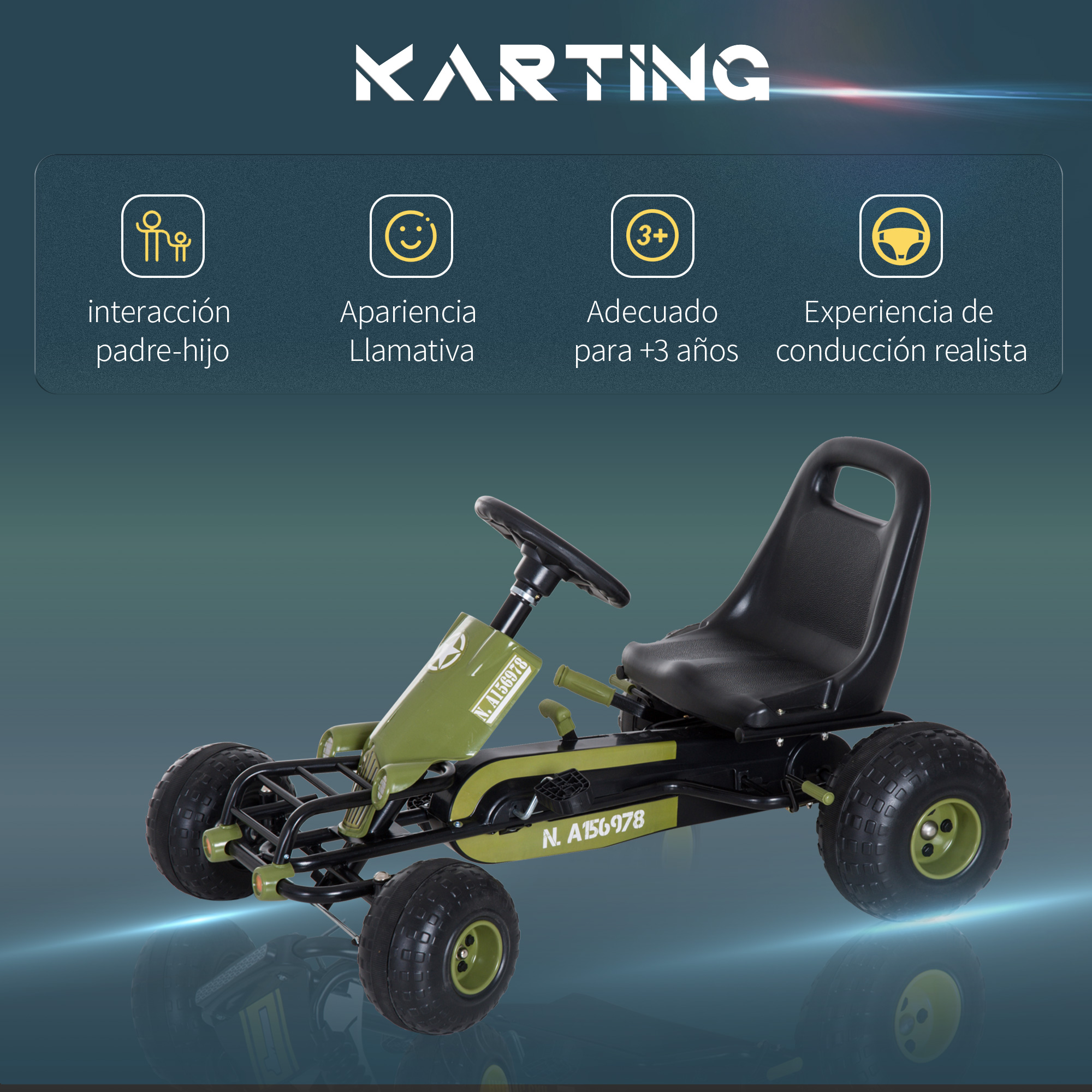Karting de juguete verde y negro con cuatro ruedas y asiento negro. El producto tiene la palabra "KARTING" en la parte superior.