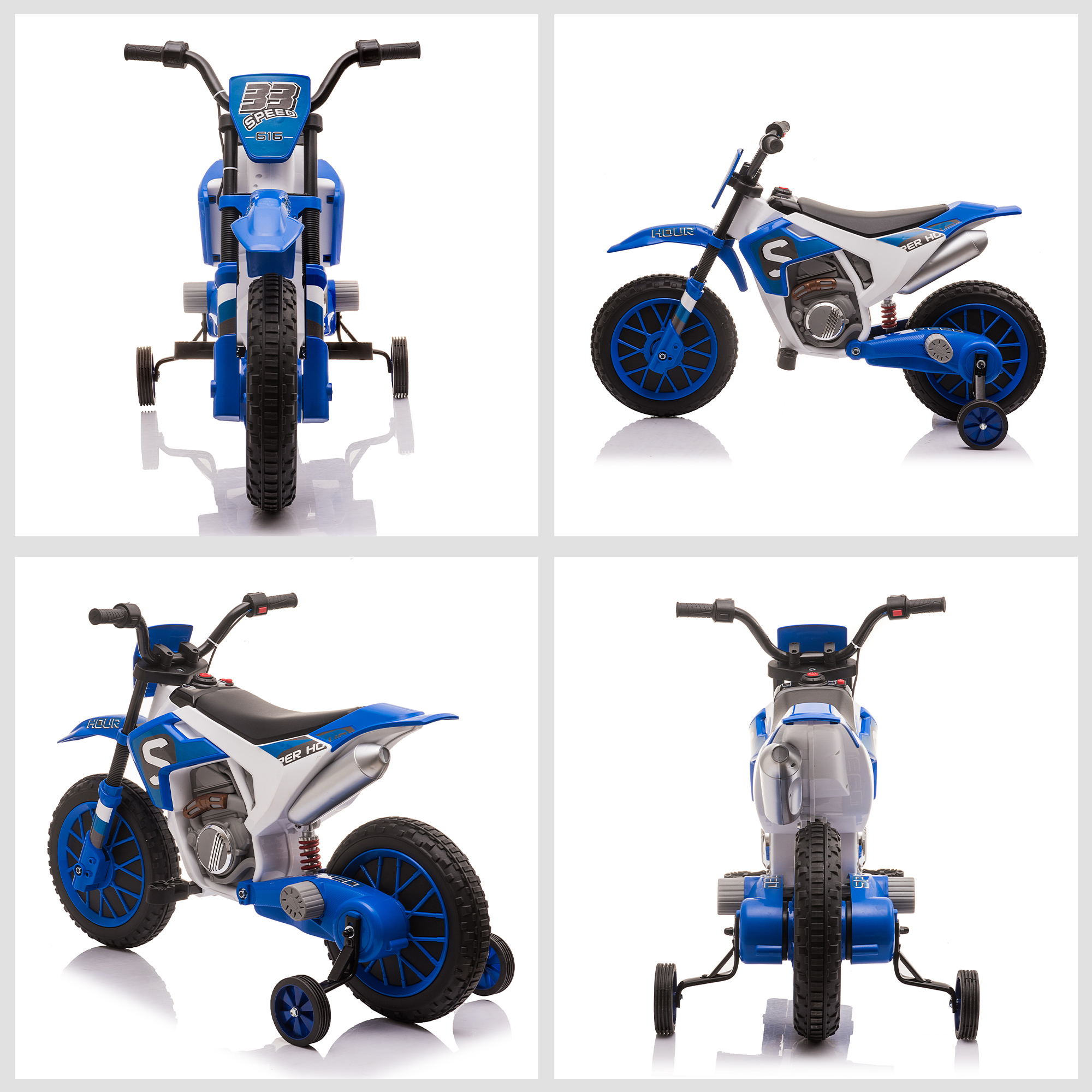 Vistas múltiples de una motocicleta de juguete azul y blanca con ruedas de entrenamiento en un fondo blanco.