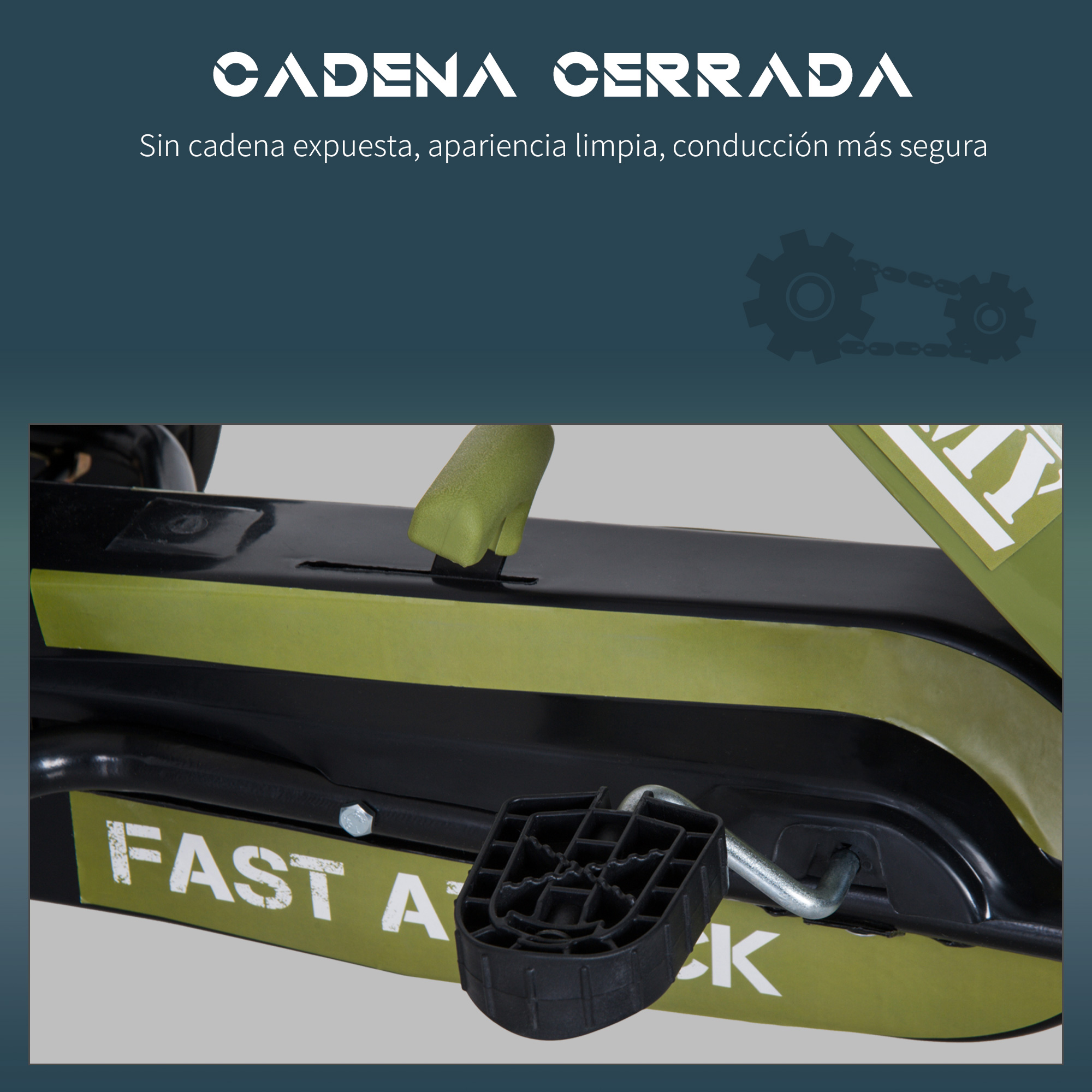 Primer plano de los pedales y la cadena de un coche de juguete. Texto en español que dice "Cadena cerrada".