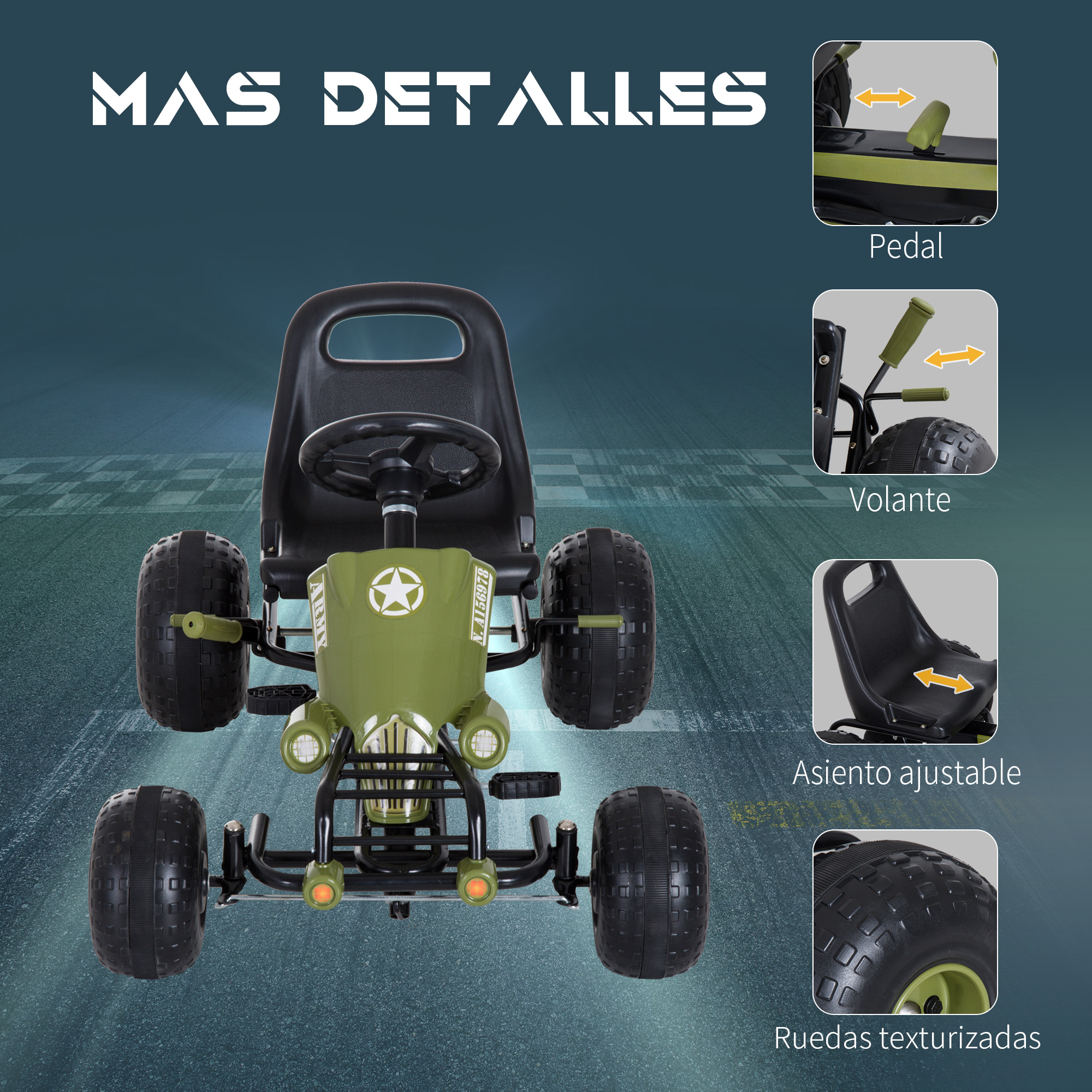 Go-kart verde y negro con detalles de pedal, volante, asiento ajustable y neumáticos texturizados.
