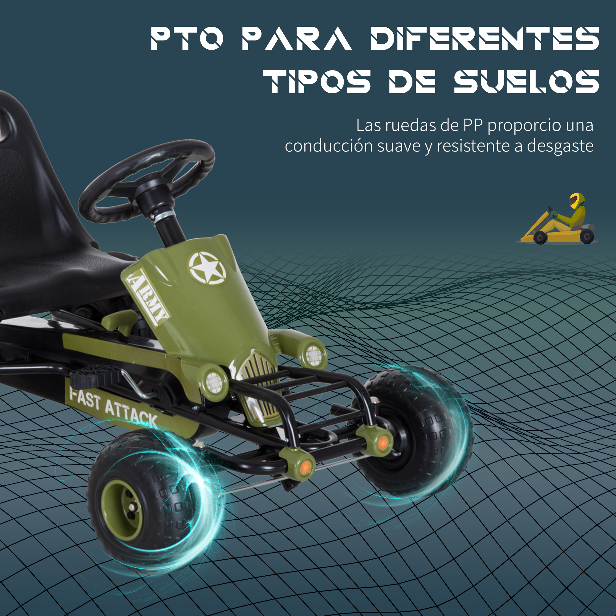 Go-kart de juguete verde sobre asfalto. Texto: 'PTO PARA DIFERENTES TIPOS DE SUELOS'.