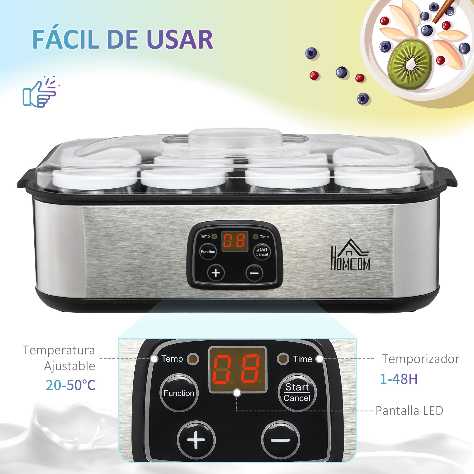 Yogurtera de acero inoxidable con pantalla digital. La pantalla muestra la configuración de tiempo y temperatura. Yogur y fruta.