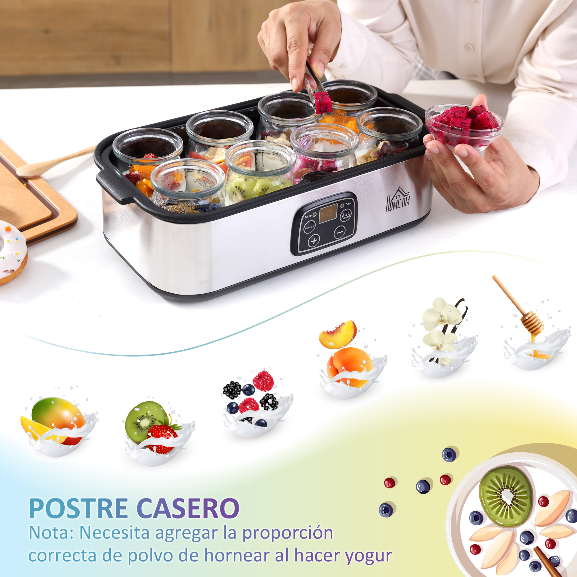 Preparación de postre casero. Tiene varias frutas y una yogurtera.