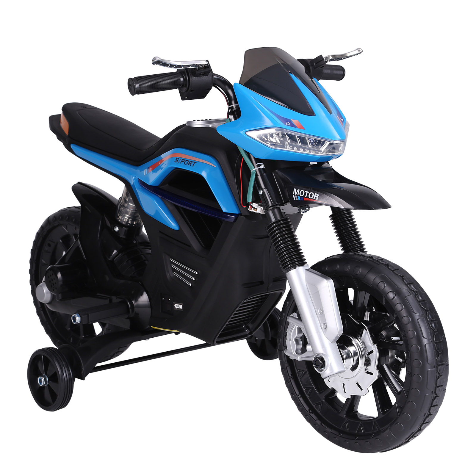 Moto giocattolo blu e nera con rotelle, sfondo bianco.