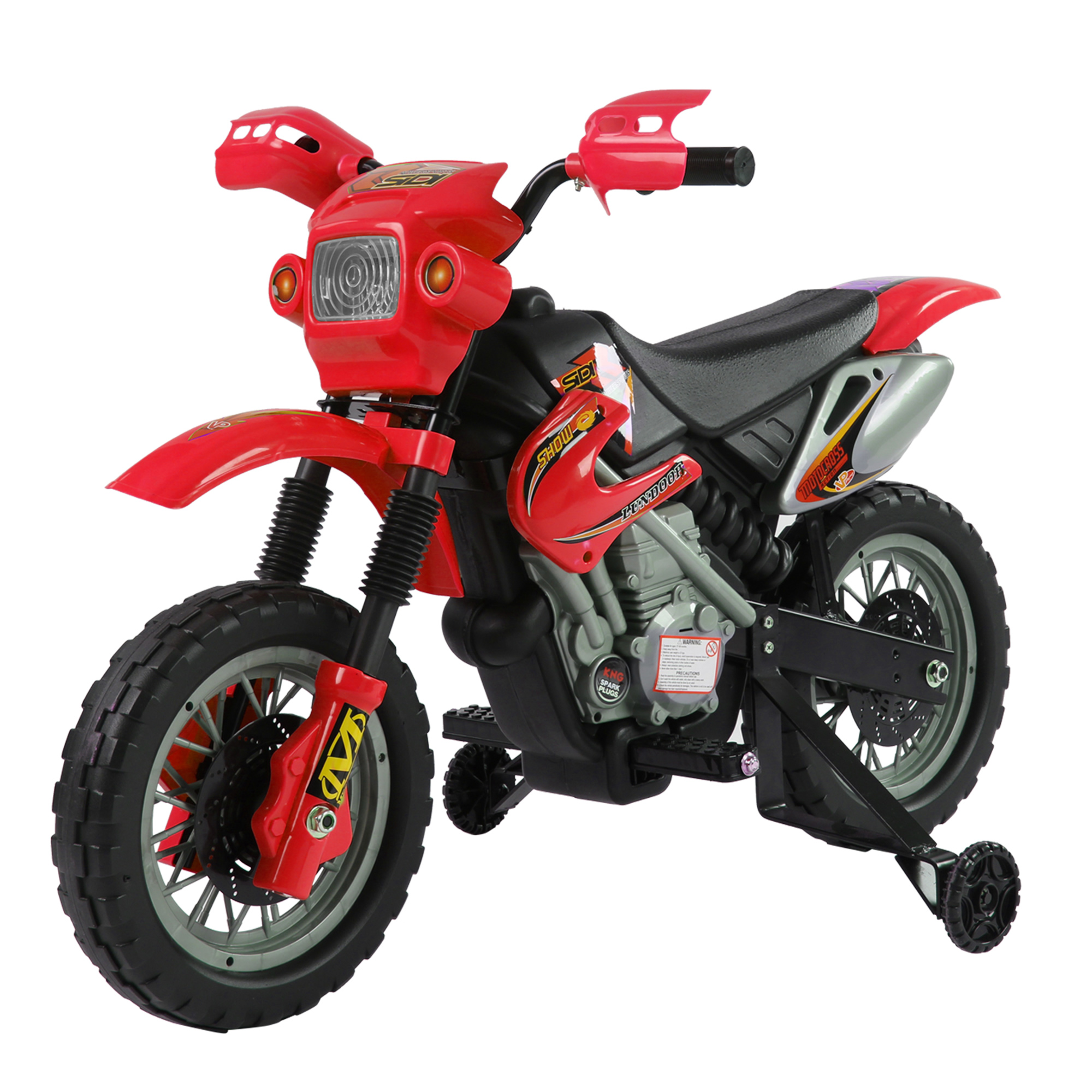 Moto rossa e nera per bambini. Dotata di rotelle e faro. Sedile nero.