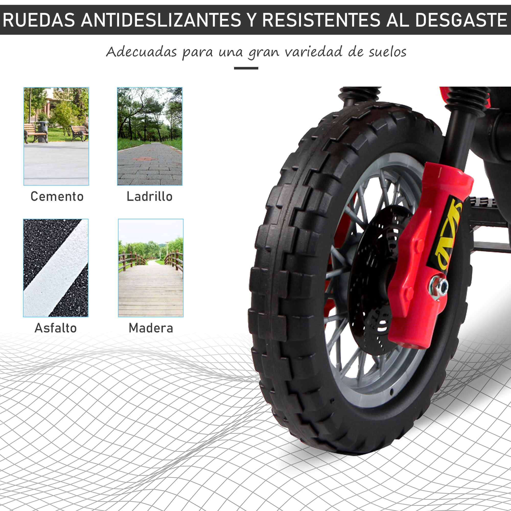 Primer plano de la rueda de un coche de juguete. Hay texto en español.