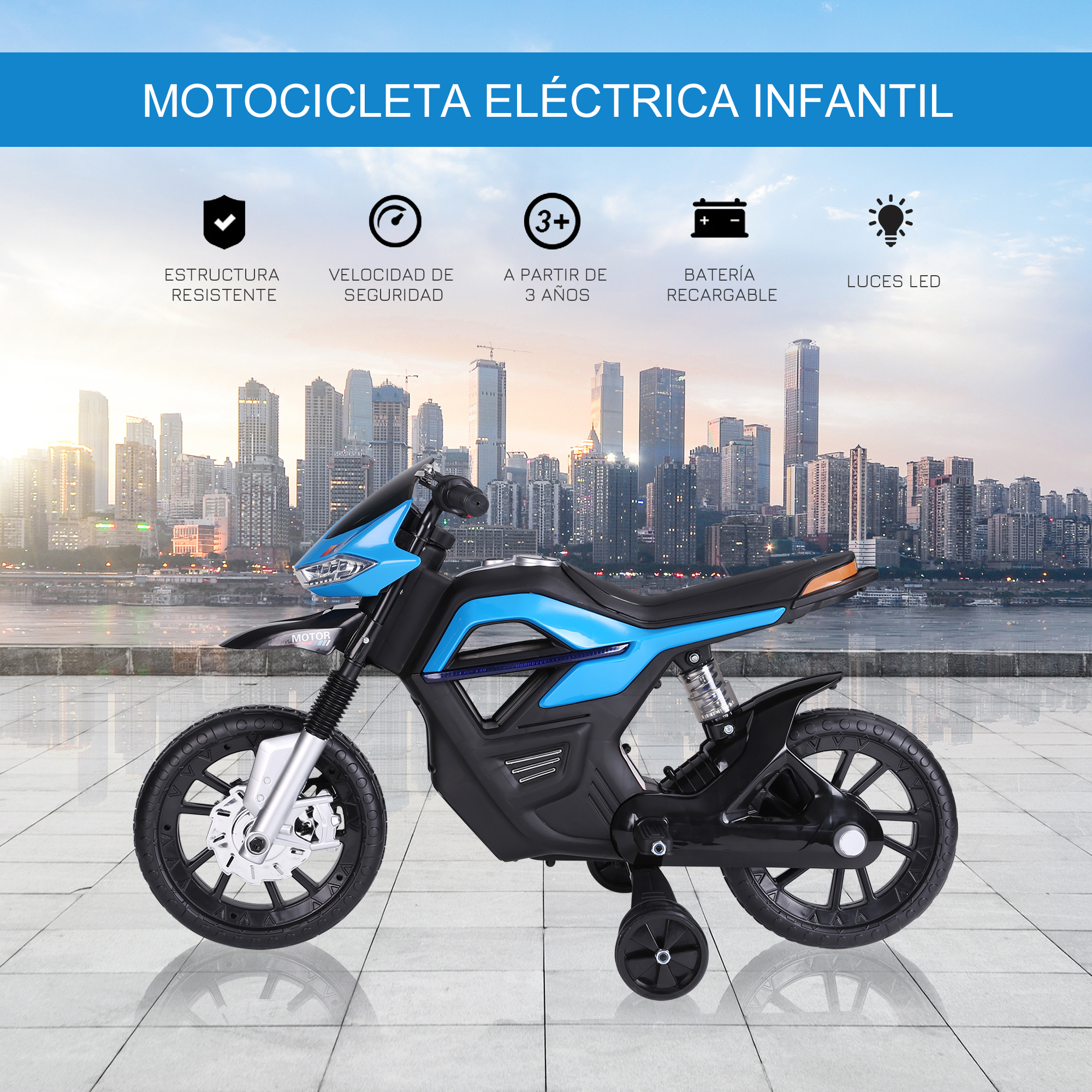 Una motocicleta eléctrica de juguete azul y negro con etiquetas en español, que enumeran características como estructura robusta y luces LED.