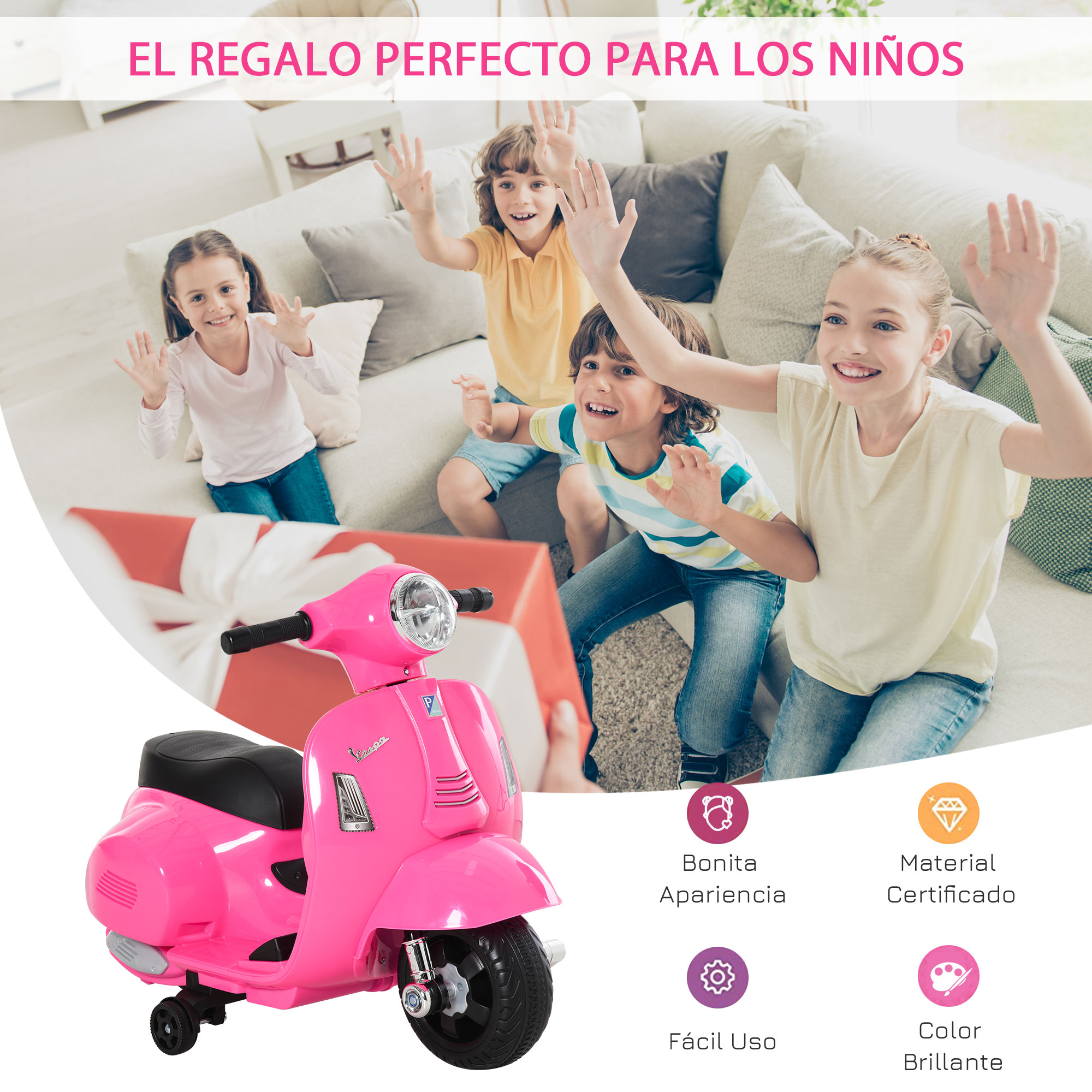 Niños con scooter de juguete. Scooter rosa con: buena apariencia, fácil uso y materiales certificados.
