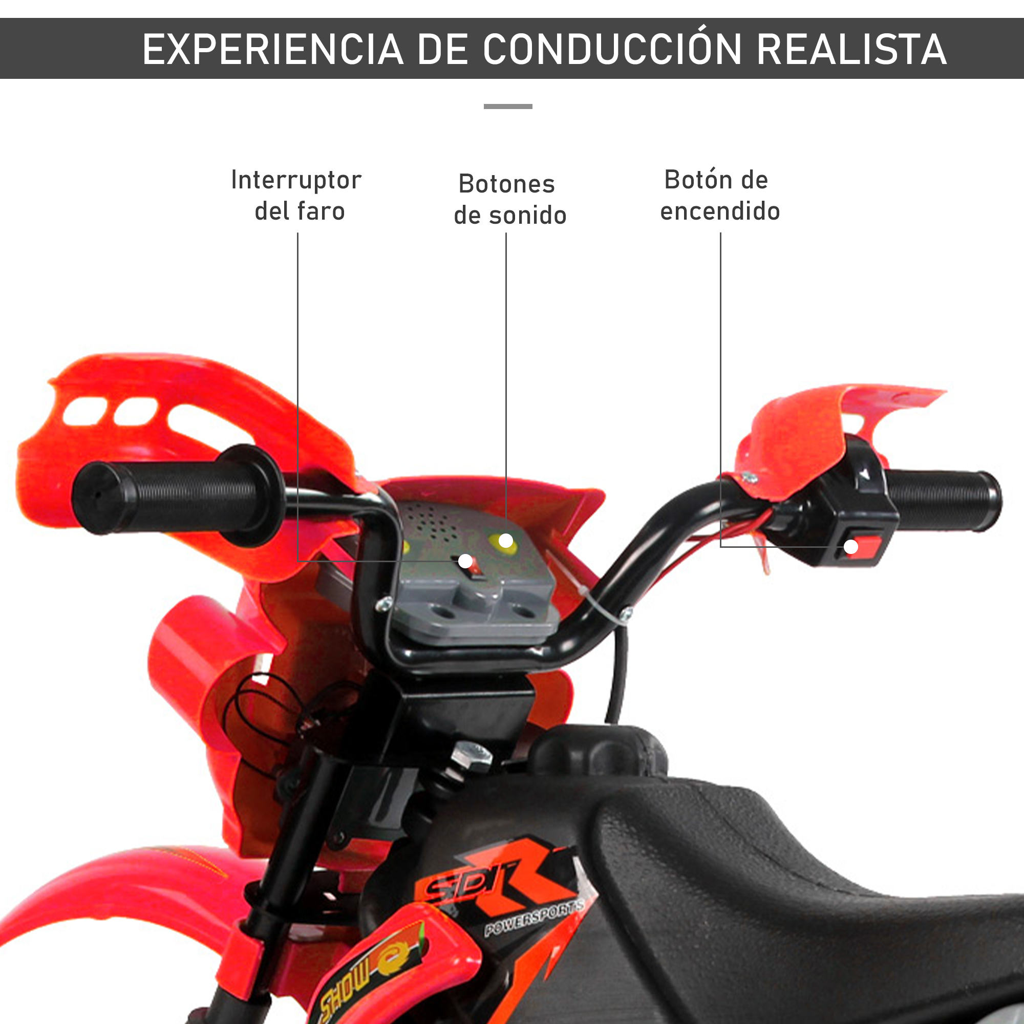 Primer plano del manillar de una moto de juguete. Incluye interruptor de faro y botones de sonido.