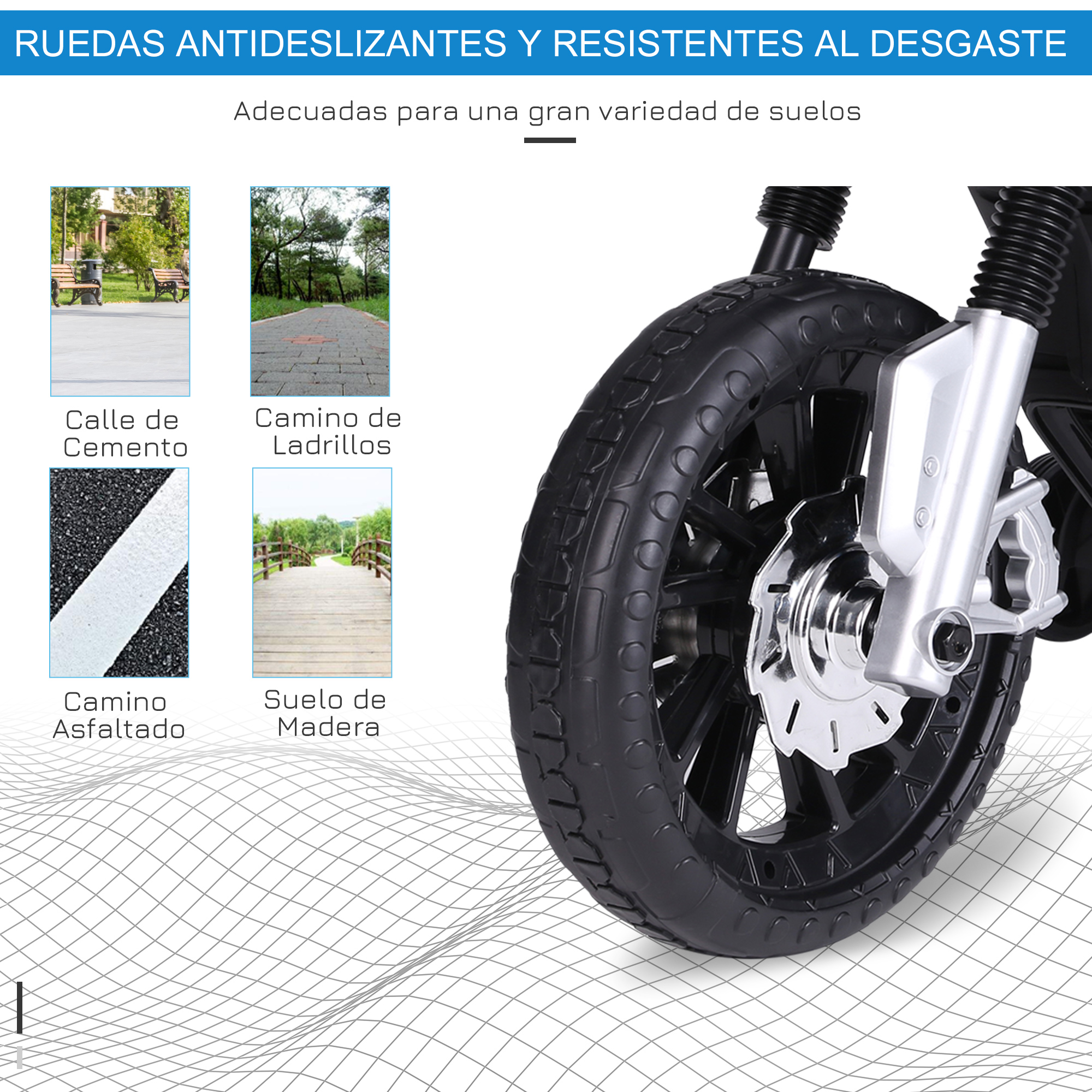 Primer plano de neumático negro de moto. Imágenes ilustrativas muestran superficies: cemento, ladrillo, asfalto y madera.