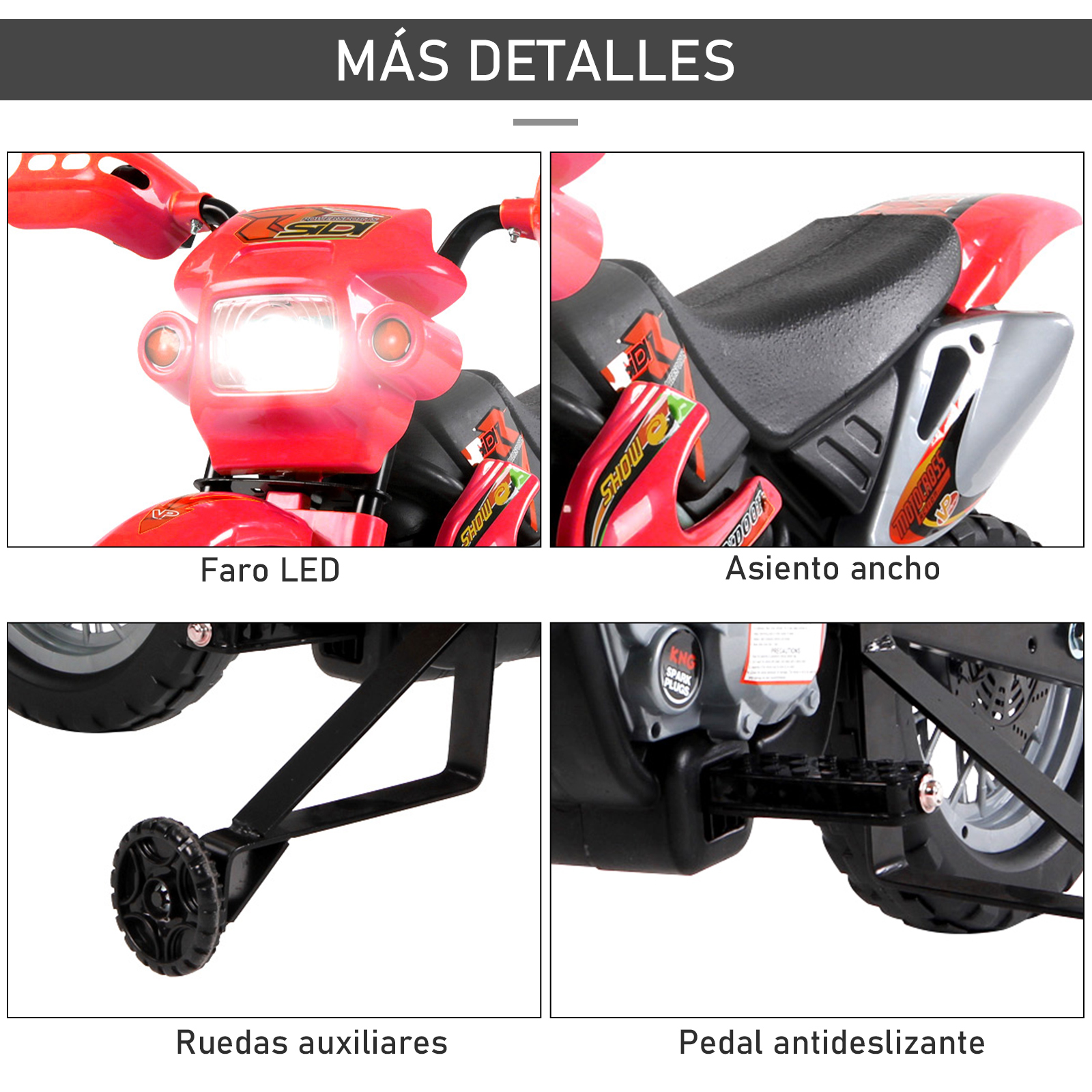 Primer plano de una moto de juguete roja. Características: faro LED, asiento ancho, ruedas auxiliares y pedal antideslizante.