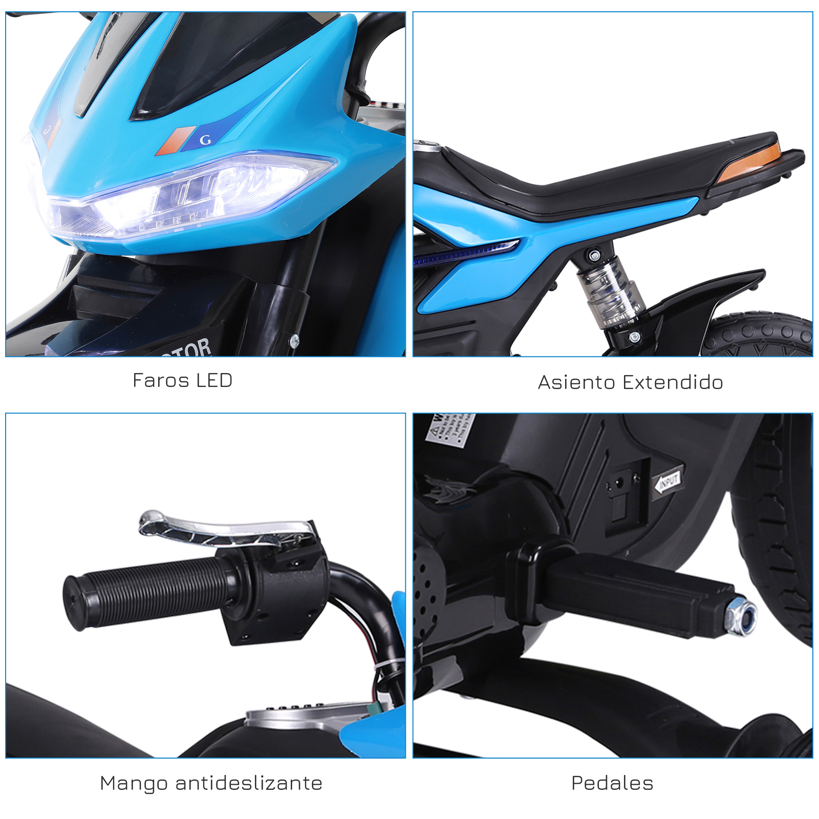 Una moto de juguete azul con faros LED, asiento extendido y otras partes detalladas.