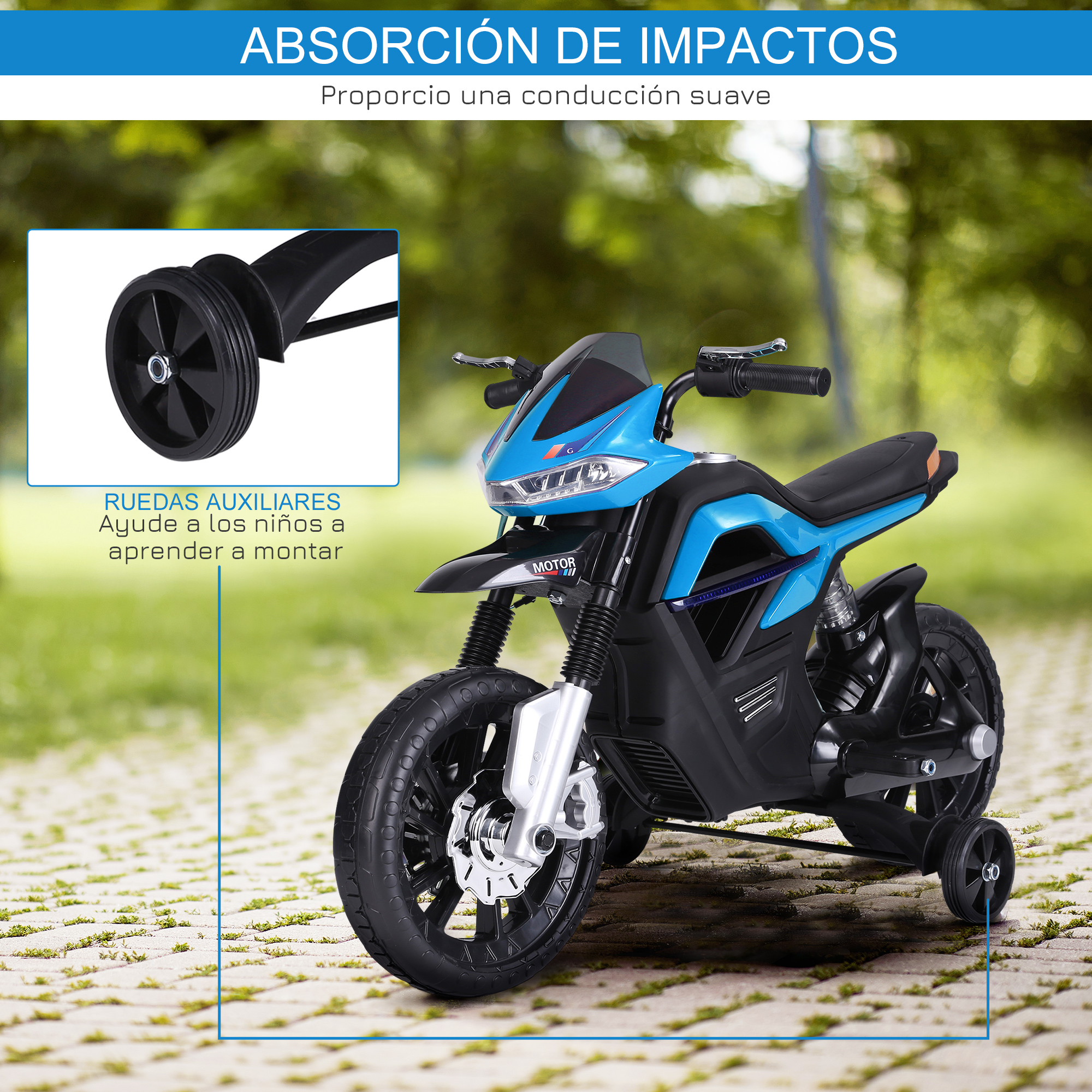 Una moto de juguete azul en una zona pavimentada. El texto muestra 'ABSORCIÓN DE IMPACTOS'.