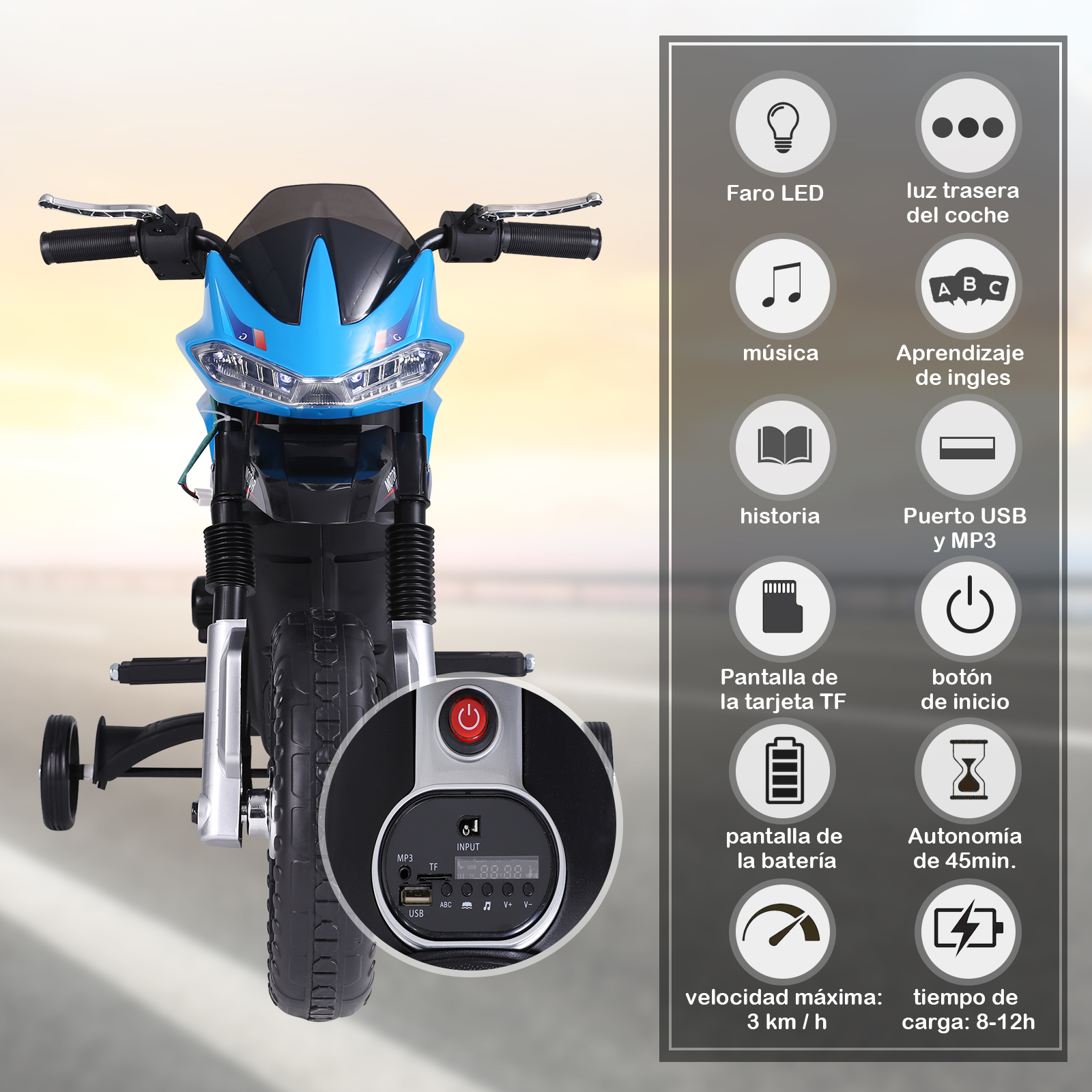 Motocicleta de juguete azul con ruedas de entrenamiento. Muestra el panel de control y las funciones.