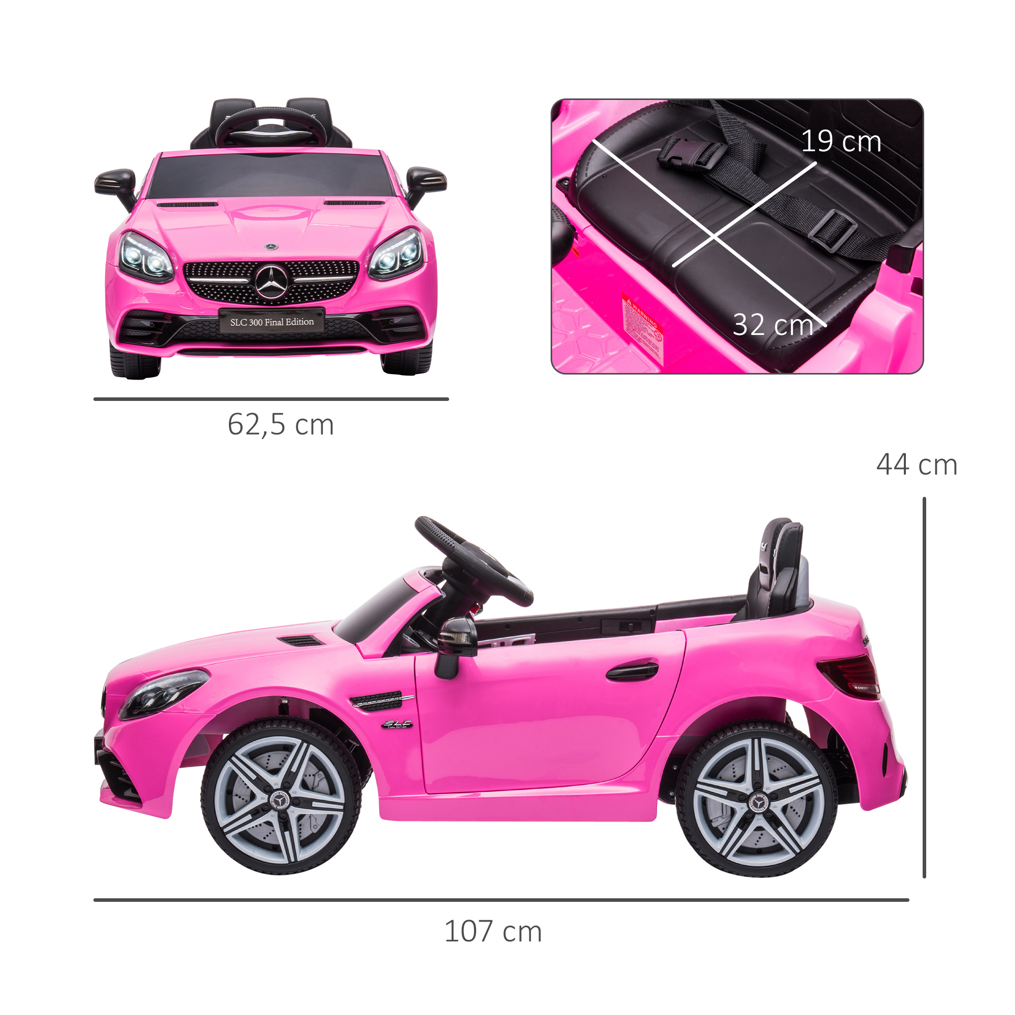 Coche de juguete rosa, vistas frontal y lateral, con medidas. El coche tiene un interior negro y un fondo blanco.