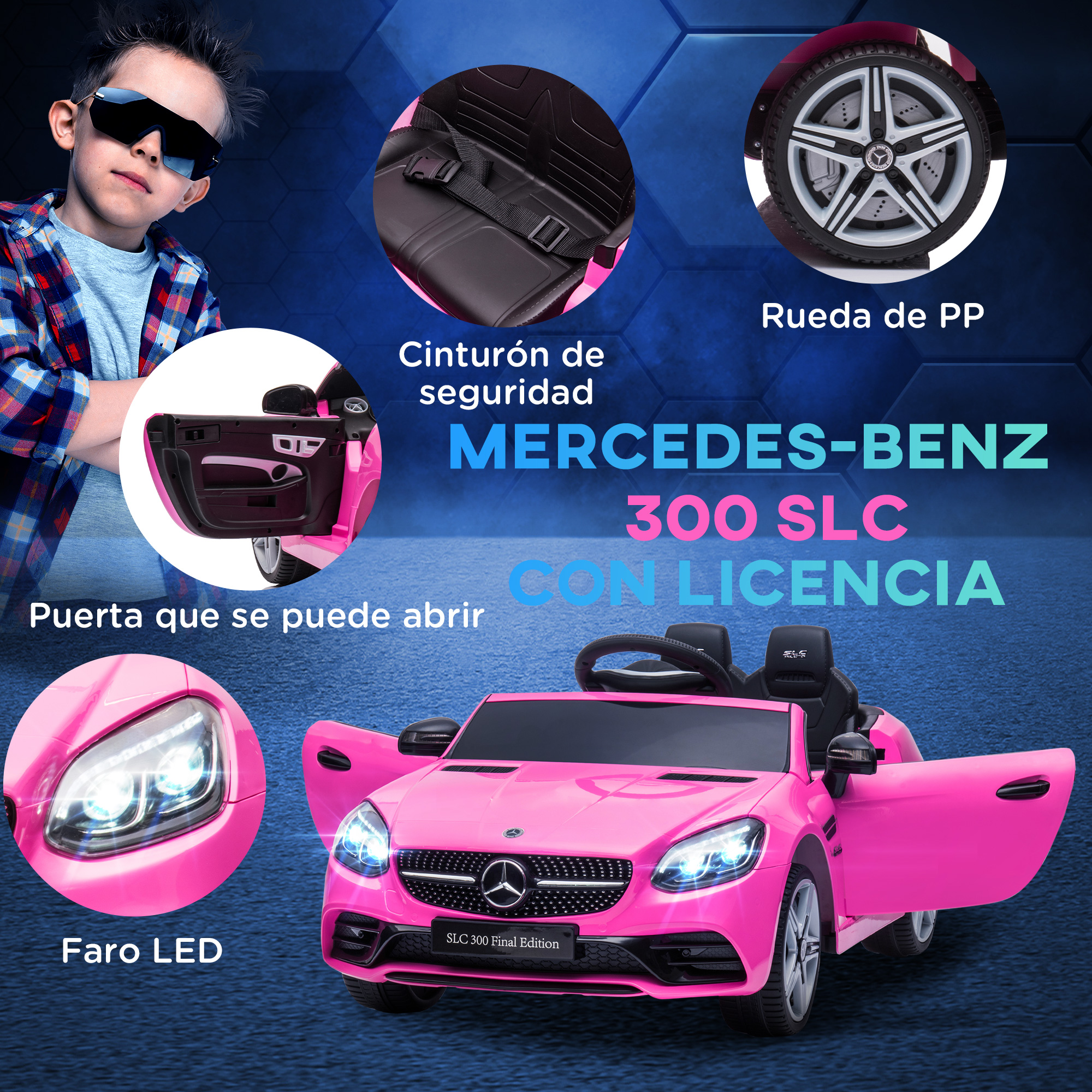 Coche de juguete Mercedes-Benz 300 SLC rosa con puertas abiertas, un niño con gafas de sol y detalles de las partes del coche.