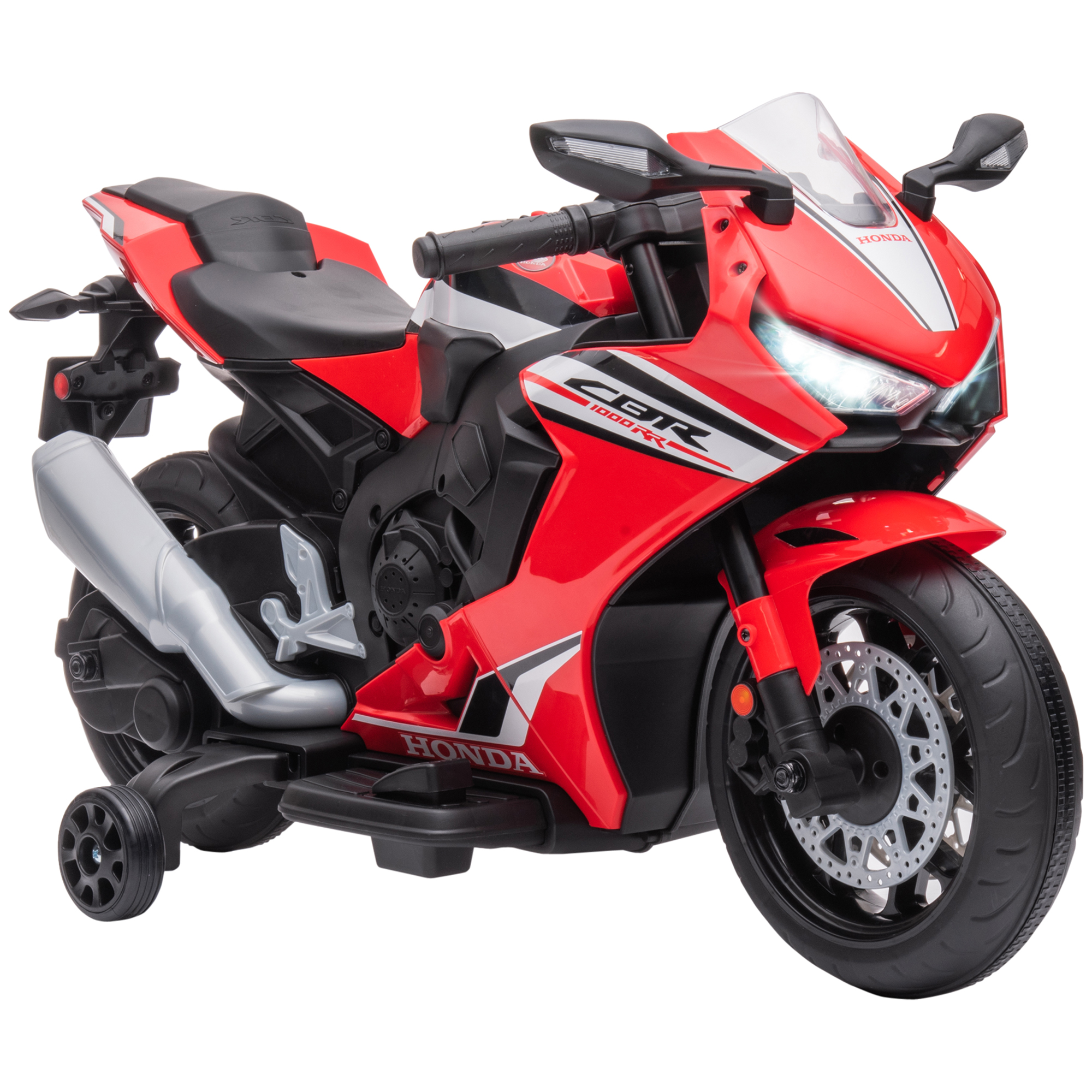 Moto giocattolo rossa e nera con ruote di addestramento.