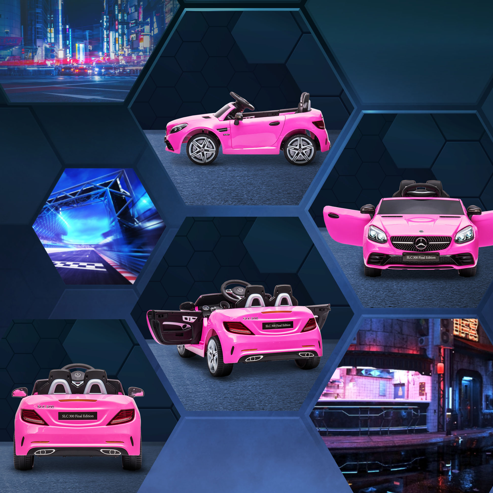 Collage de coches de juguete rosas, con fondos de ciudad y calle.
