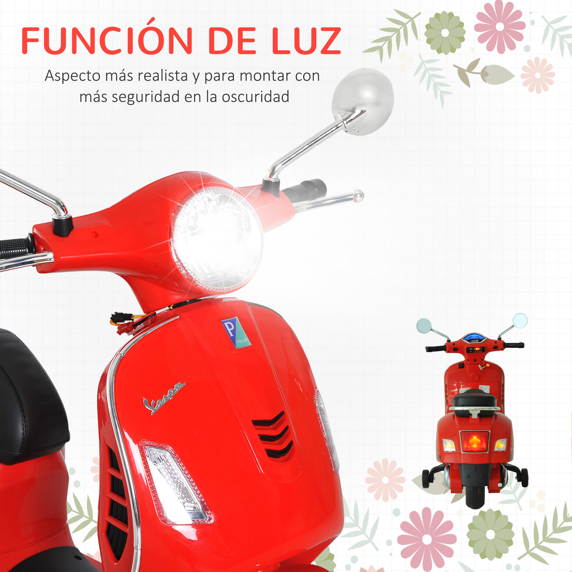 Un scooter de juguete rojo con luz blanca. Un scooter más pequeño está al lado. El fondo es floral.