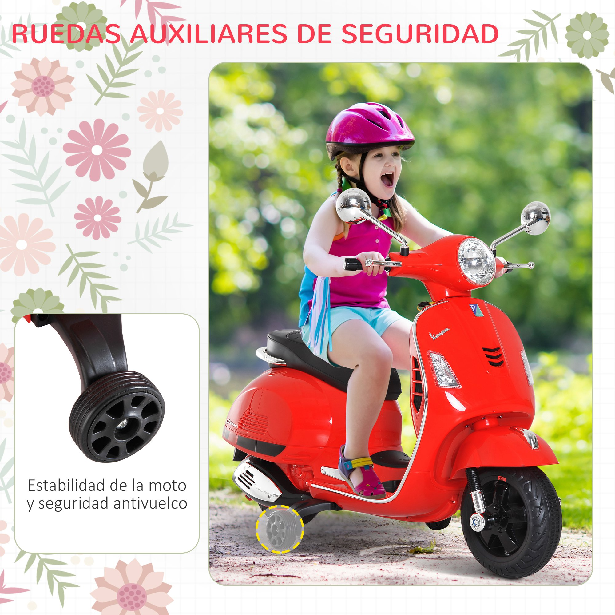 Una niña montando un scooter de juguete rojo. La imagen incluye ruedas de apoyo y características de seguridad.