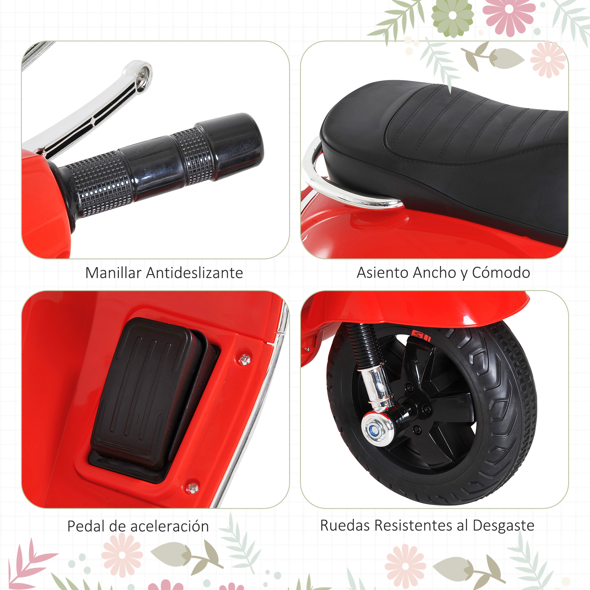 Detalles de cerca de un scooter de juguete rojo: manillar, asiento, pedal y ruedas.