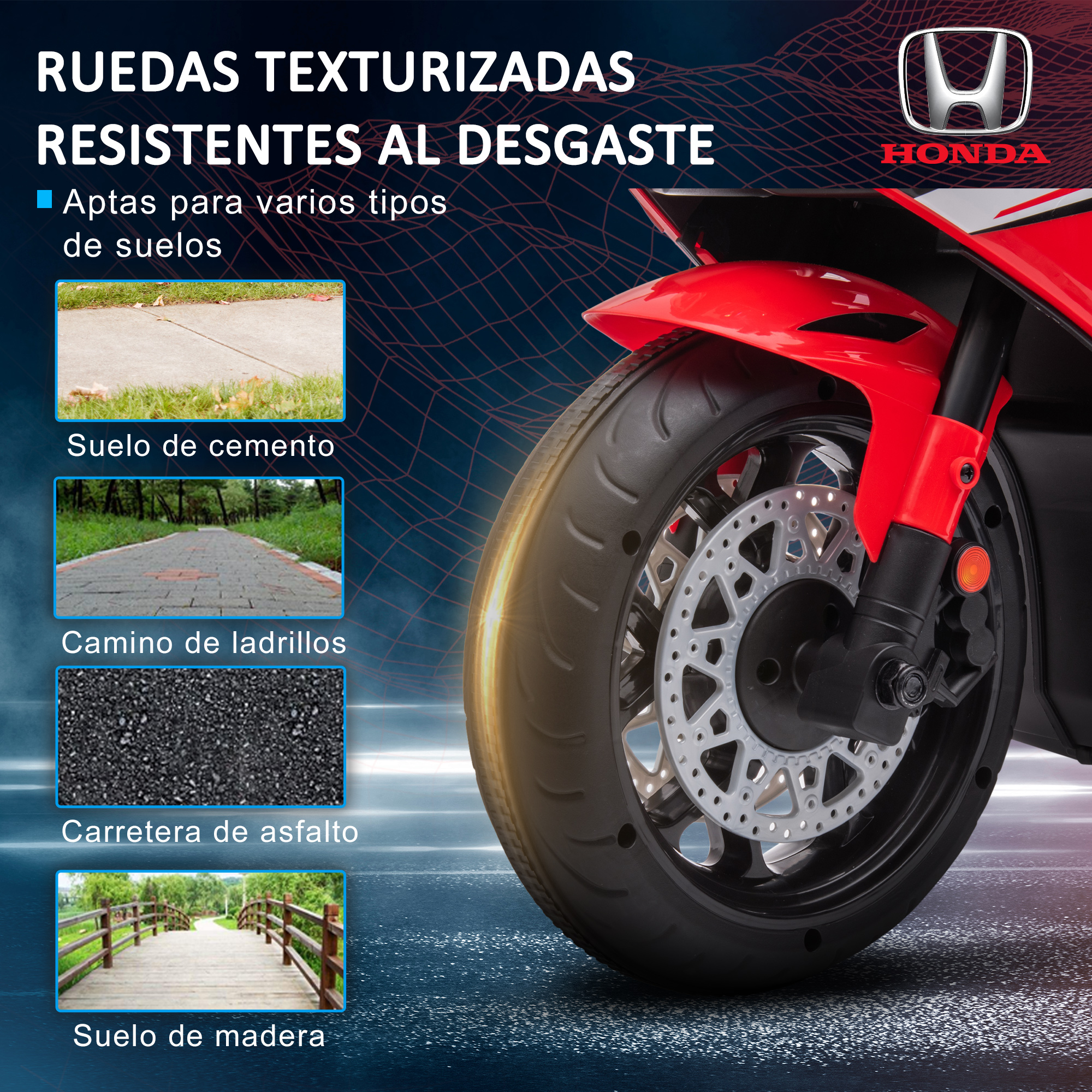 Motocicleta roja con ruedas negras, apta para varios terrenos, logo Honda.